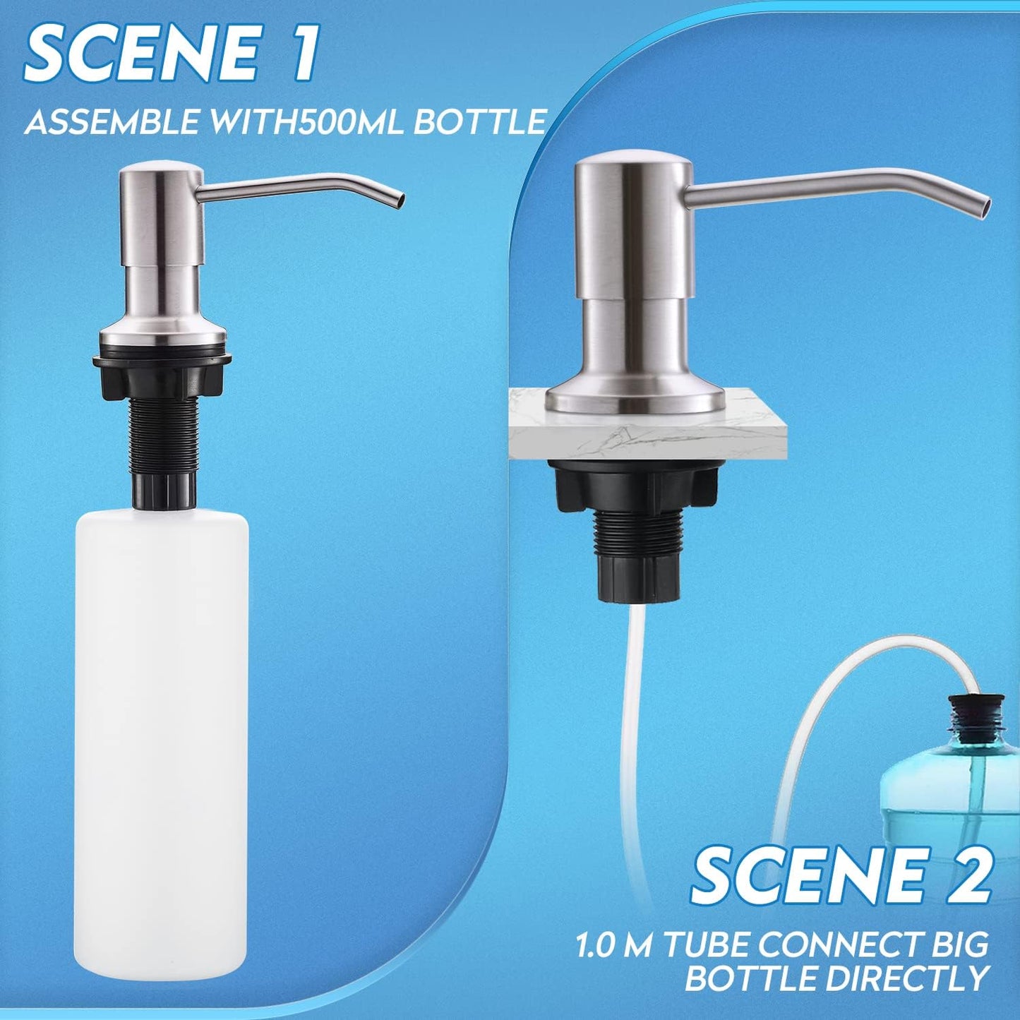 CREA Dish Soap Dispenser for Kitchen Sink, Built-in Countertop Set with 39" Tube & 17oz Bottle, Stainless Steel Pump