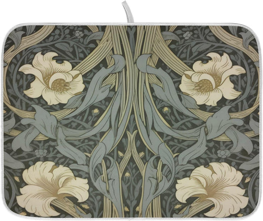 William Morris Flowers Print Dish Drying Mat for Kitchen Counter Absorbent Microfiber Large Drying Pad Dish mats for Kitchen Countertops 18 x 24 Inch