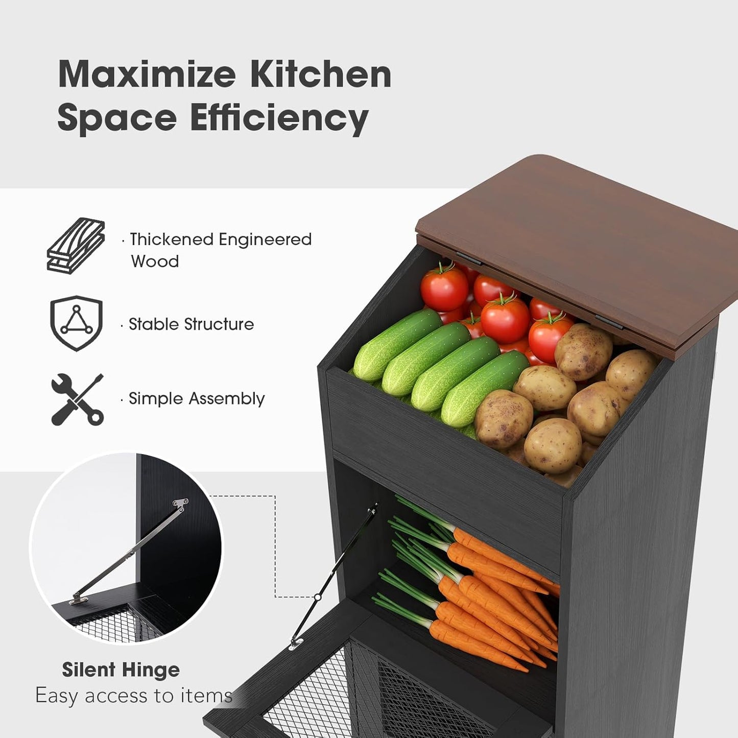 Patiorama Wood Potato and Onion Storage Bin Box with Lid, 4-Tier Farmhouse Wooden Bread Box Cabinet with 2 Mesh Doors & Rolling Drawer, Large Vegetable Storage Bin Organizer for Kitchen Pantry Black