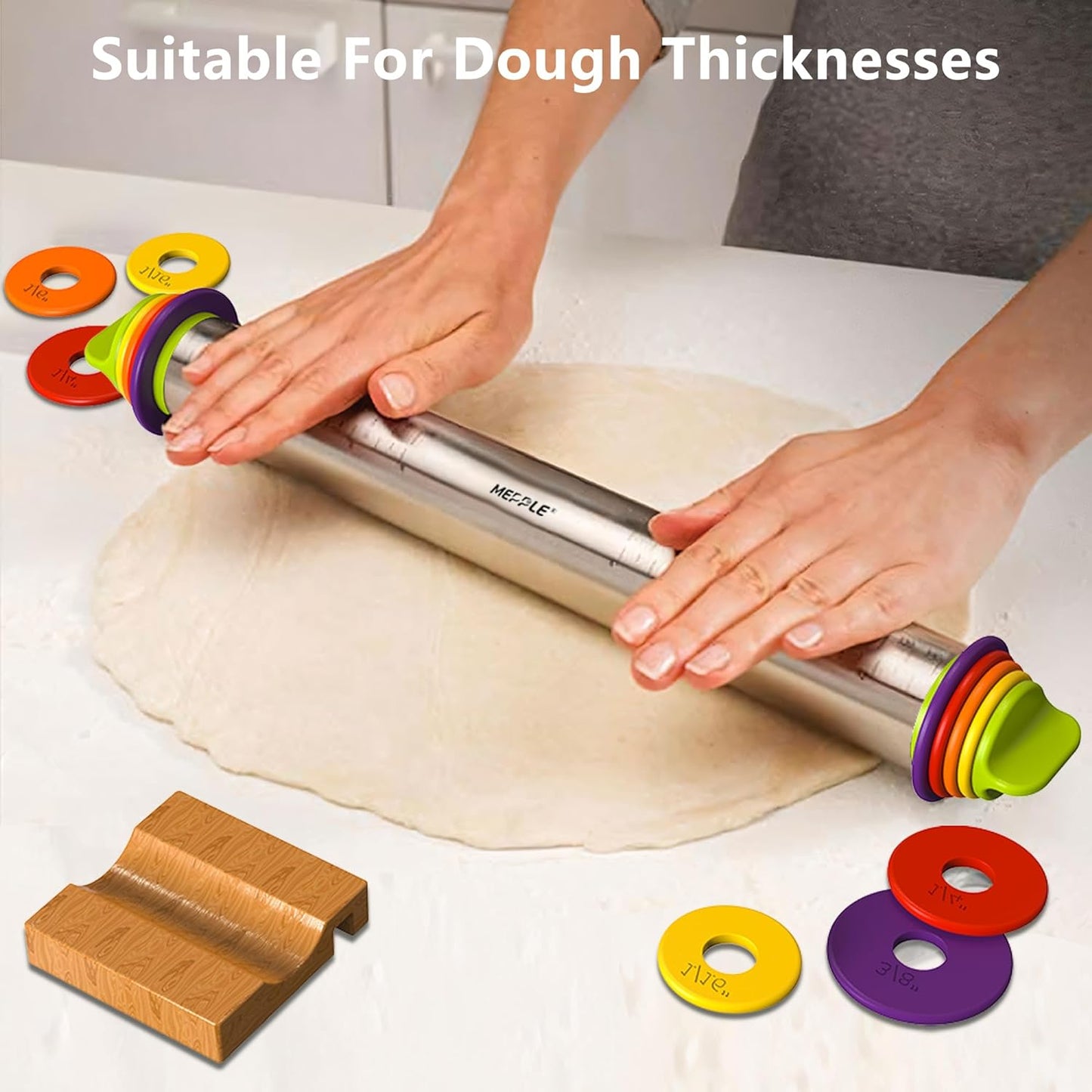 Stainless Steel Rolling Pin with Thickness Rings for Fondant, Pizza, Cookie, Pastry, Pie,Roller Rod for Dough Thickness,Rolling Pin for Baking, 13.6" with 4 Thickness Rings and Wooden Stand