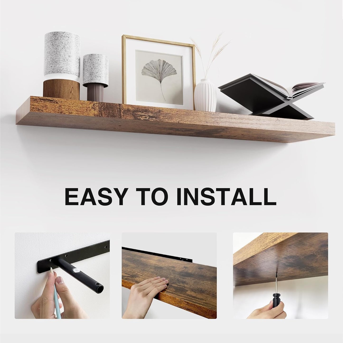 Colima Floating Shelves for Bedroom, Bathroom & Living Room - 36 Inch Wall Mounted, Set of 2-1.3" Thick Brown Wood Floating Book Shelves