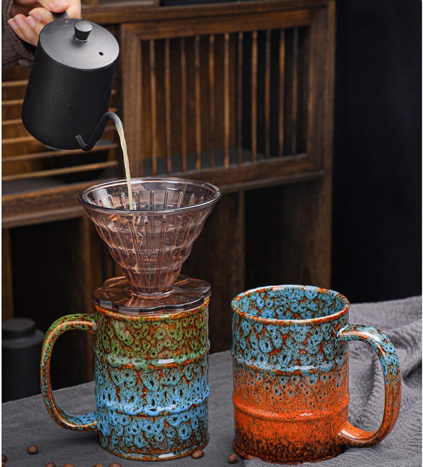 20 oz Ceramic Tea Cup - Large Coffee Mug for Office and Home - Dishwasher and Microwave Safe (2, Green and Blue)