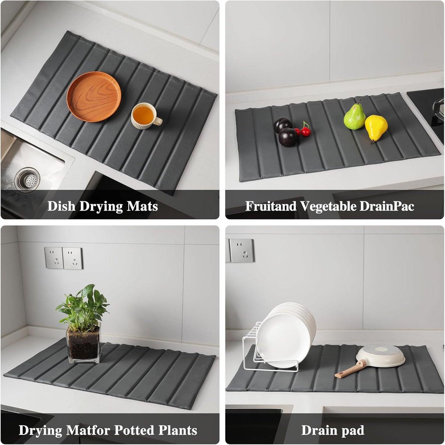 Stone Drying Mat for Kitchen Counter, Large Collapsible Diatomaceous Earth Supe Absorbent Quick Dry Stone Mat Kitchen，PU Leather Surface Removable and washable (Dark Gray, 23.6”x15.4”)