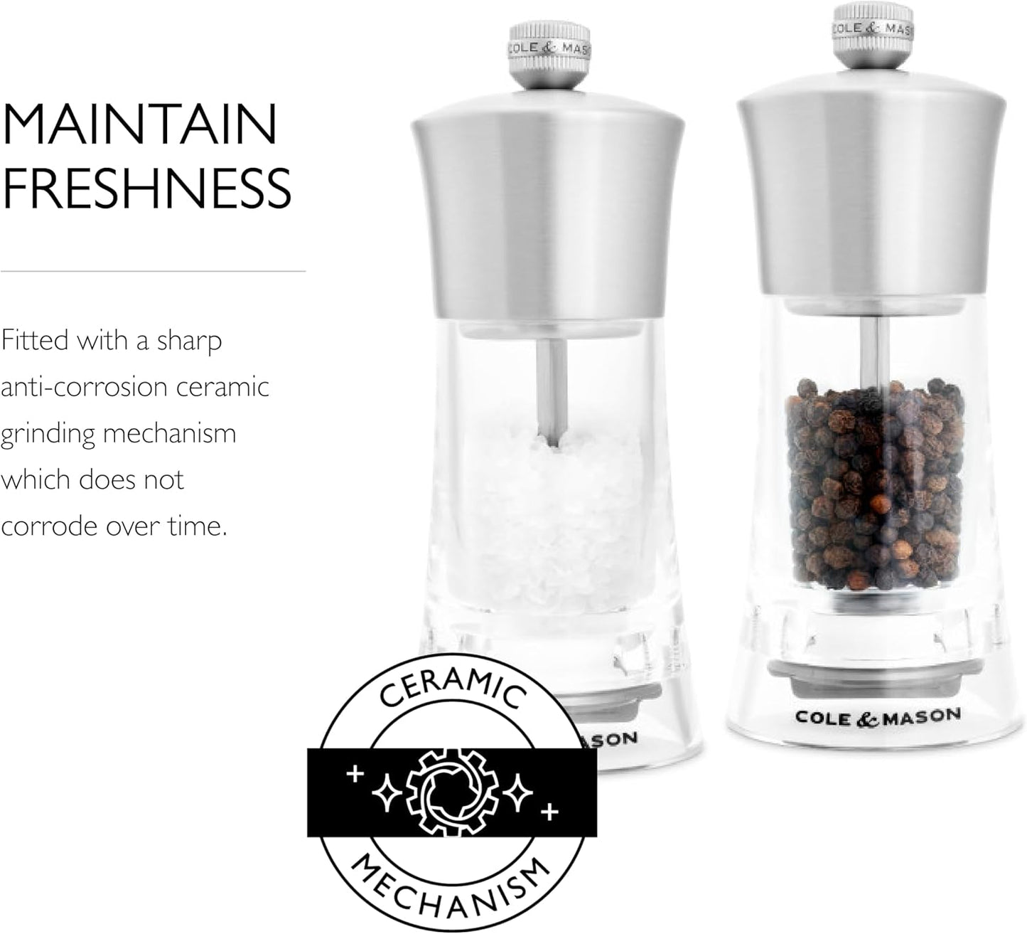 Cole & Mason Bromley Salt & Pepper Mill Gift Set, 6" - Salt & Pepper Grinders with Ultra-Sharp Grinding Mechanisms - Refillable Mills & Spice Shakers with Adjustable Grinding - Acrylic Gift Set