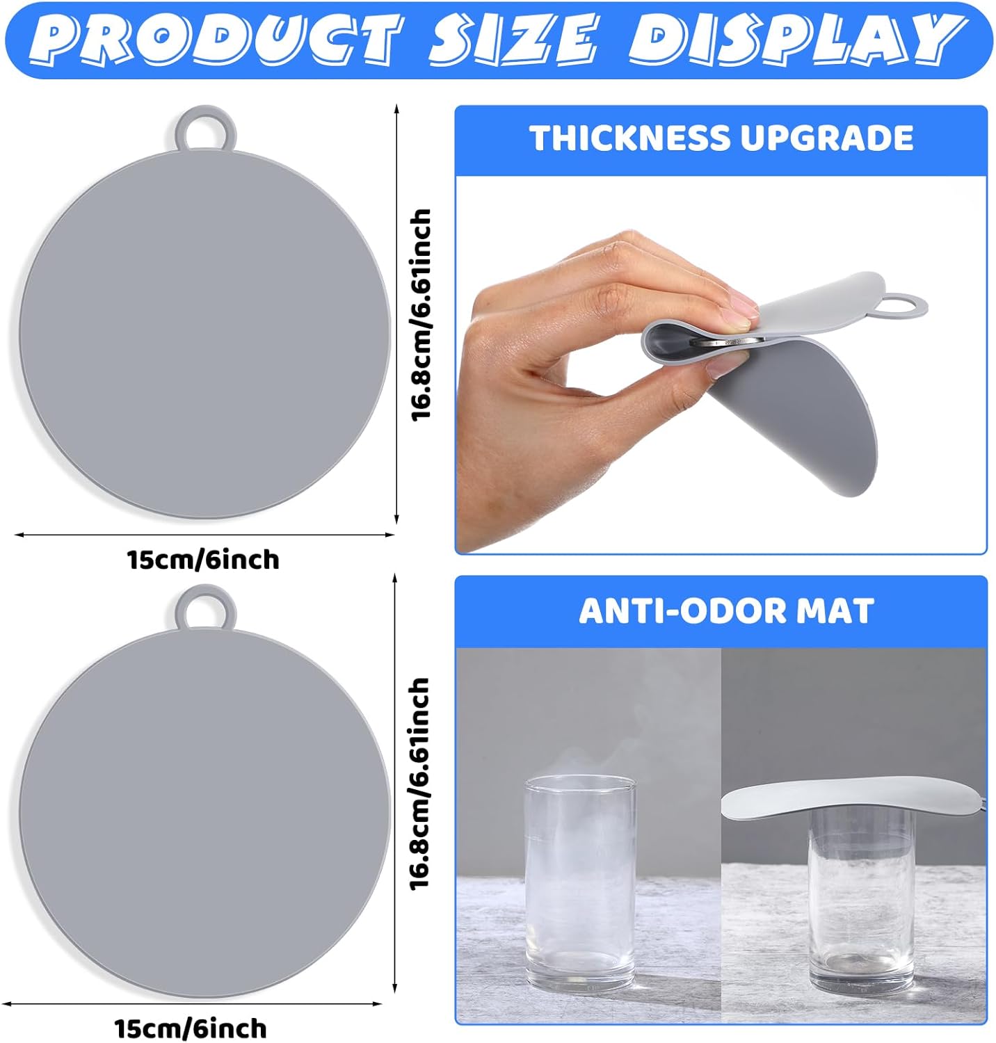 Yinkin 6 Pcs Drain Covers to Keep Bugs Out Silicone Shower Floor Tub Stoppers Bathtub Drain Stoppers Sewer Anti-Odor Mats Deodorizing Plugs for Bathroom(6 x 6 Inch,Round,Grey)