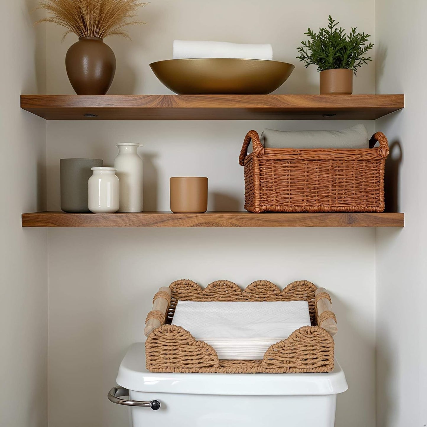 CubesLand Scalloped Napkin Holder for Bathroom Decor, Paper Rope Flat Napkin Dispenser Guest Towel Tray for Bathroom, Farmhouse Warm Napkin Holder for Table Dining Room Home Kitchen Decor, Neutral