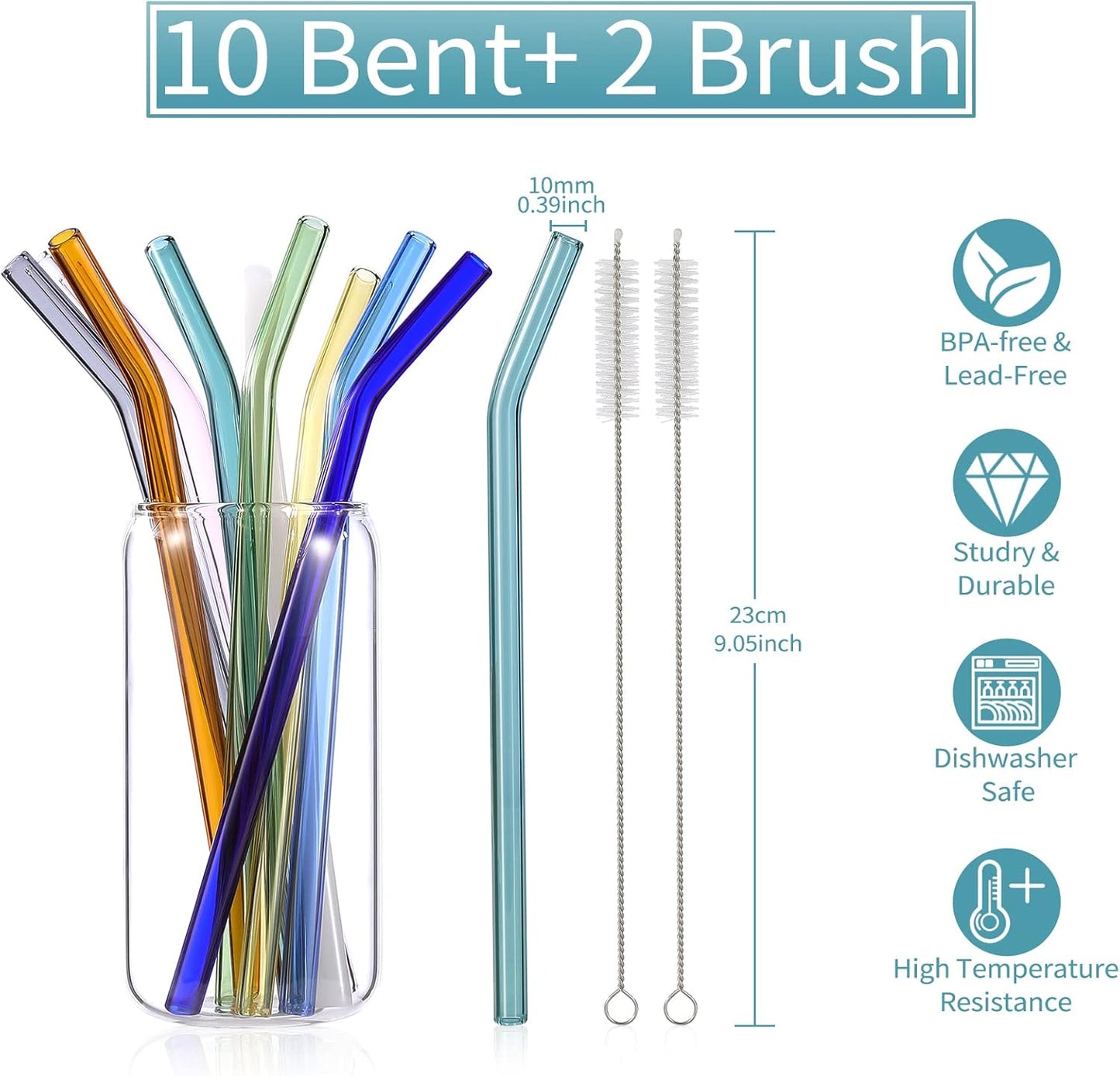 10 Pcs Reusable Bent Glass Drinking Straws,9''x10 mm Colorful Glass Straws for Beverages, Shakes, Milk Tea, Juices,Set of 10 Bent with 2 Cleaning Brushes -Shatter Resistant
