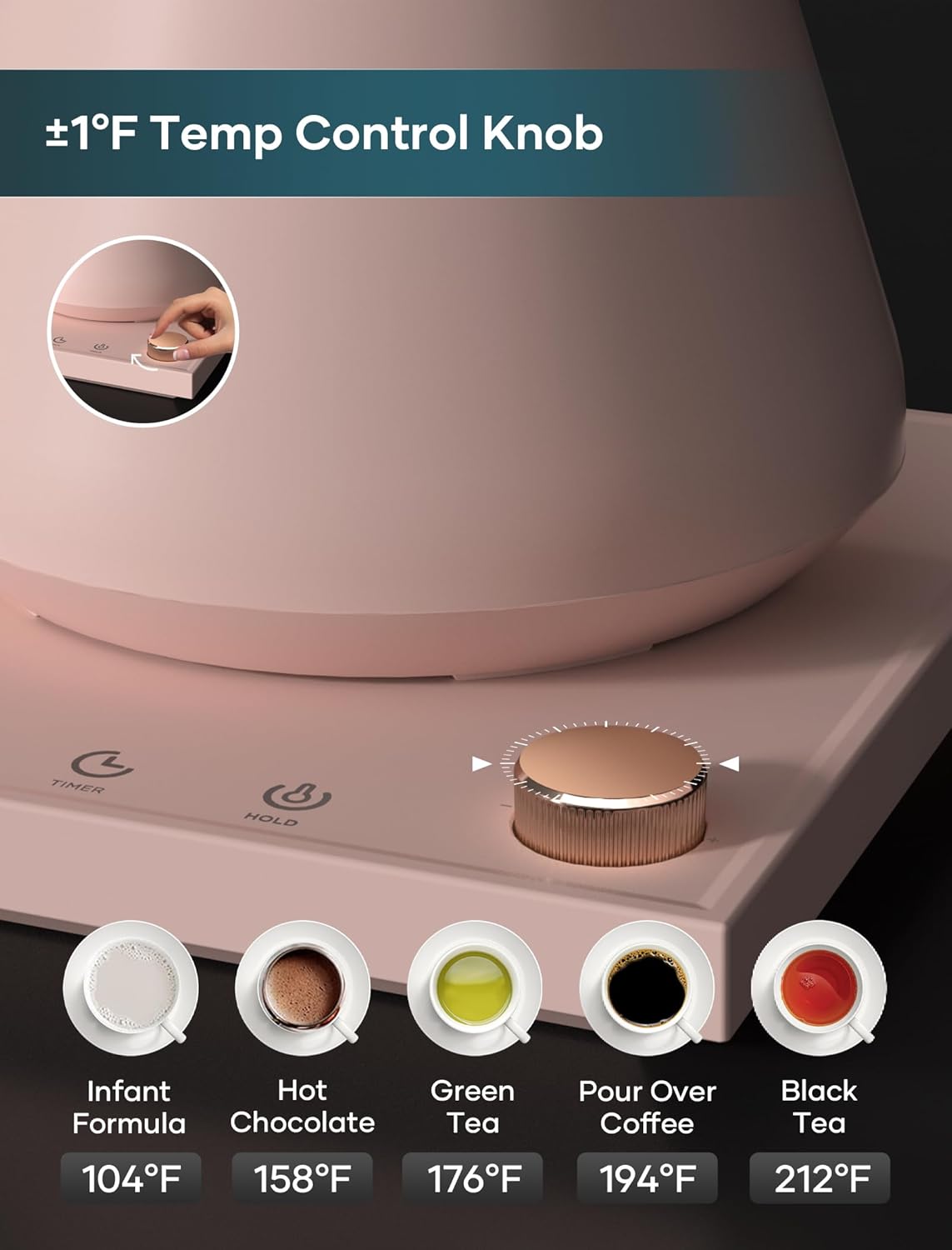 Electric Kettles, Gooseneck Electric Kettle, ±1℉ Temperature Control, Stainless Steel Inner, Quick Heating, for Pour Over Coffee, Brew Tea, Boil Hot Water, 0.9L Pink