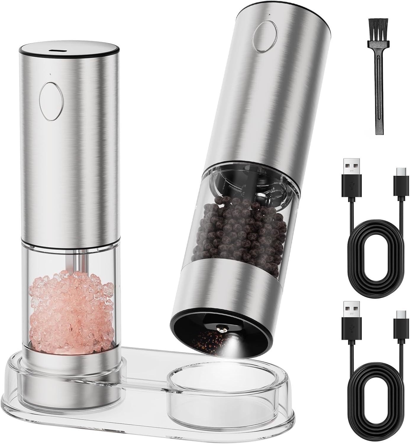 Electric Salt and Pepper Grinder Set, Rechargeable Automatic Salt Pepper Shakers Mills, Adjustable Coarseness Easy Filling with Base, for Kitchen Outdoors Gift- 2 Packs, Silver Stainless Steel
