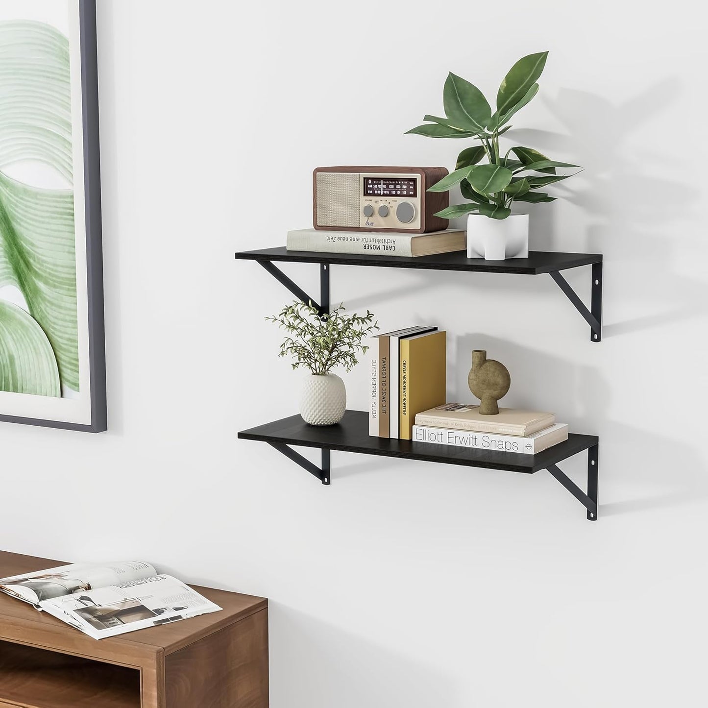 Heimlove Black Deep Floating Shelves for Wall, 24W x 12D Wood Wall Shelves Set of 2, Wide Floating Bookshelf for Living Room, Kitchen, Office, Bedroom and Decor Storage, with Metal Bracket - Black