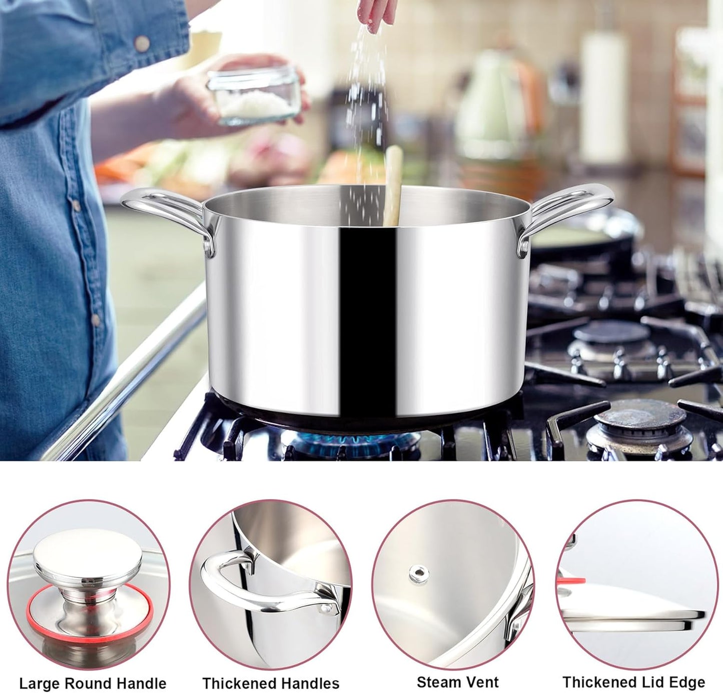 LIANYU 8QT 18/10 Stainless Steel Stock Pot with Lid, 8 Quart Stockpot with Triple Ply, Heavy Duty Big Cooking Pasta Soup Canning Induction Pot for Boiling Strew Simmer