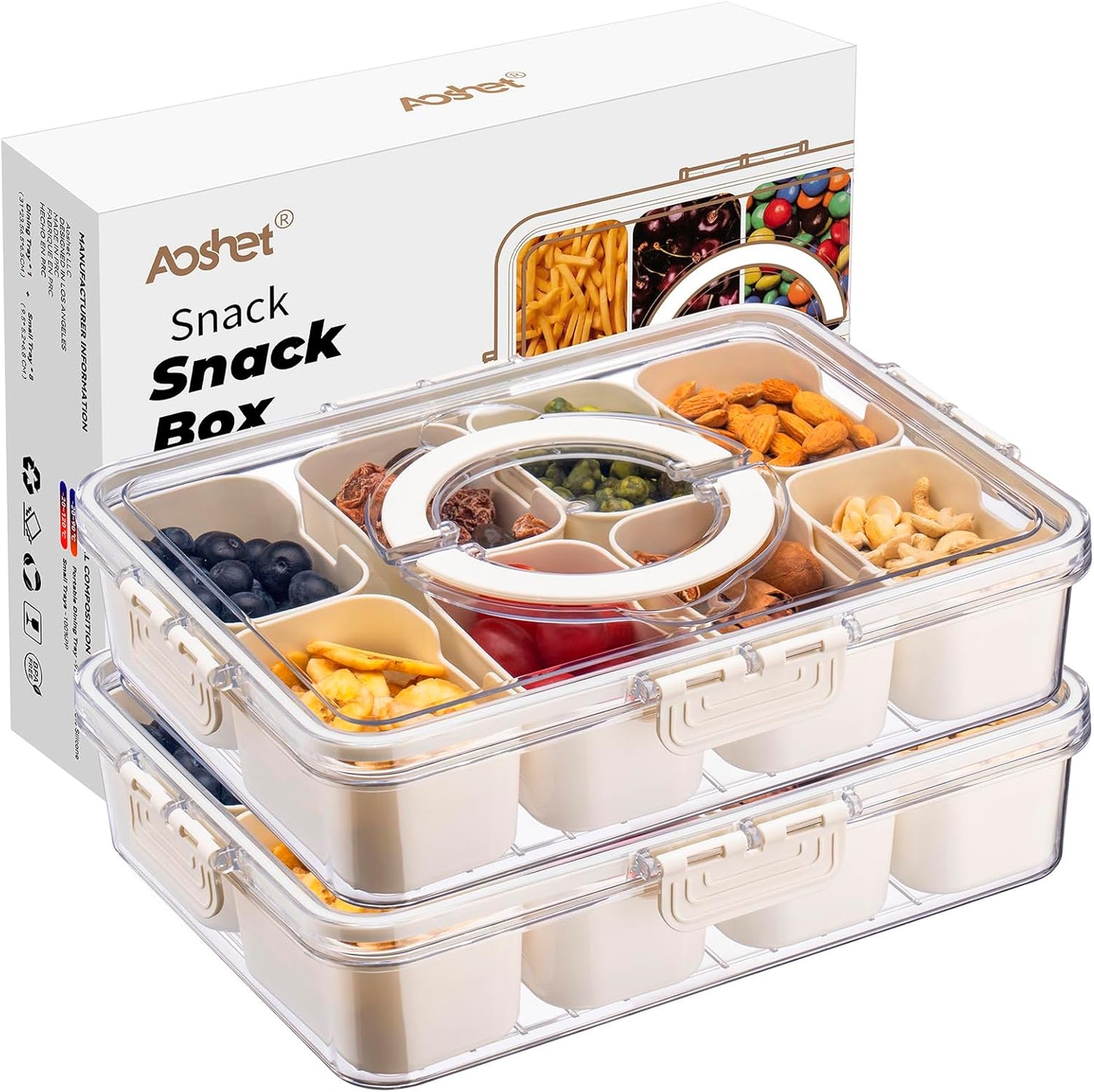 Snack Box Container, Dishwasher Safe Fruit Storage Containers, Divided Serving Tray with Lid for Veggie, Candy and Nuts, Snackle Charcuterie Boxes for Kids, Adults Travel, Party and Picnic (2 Pack)