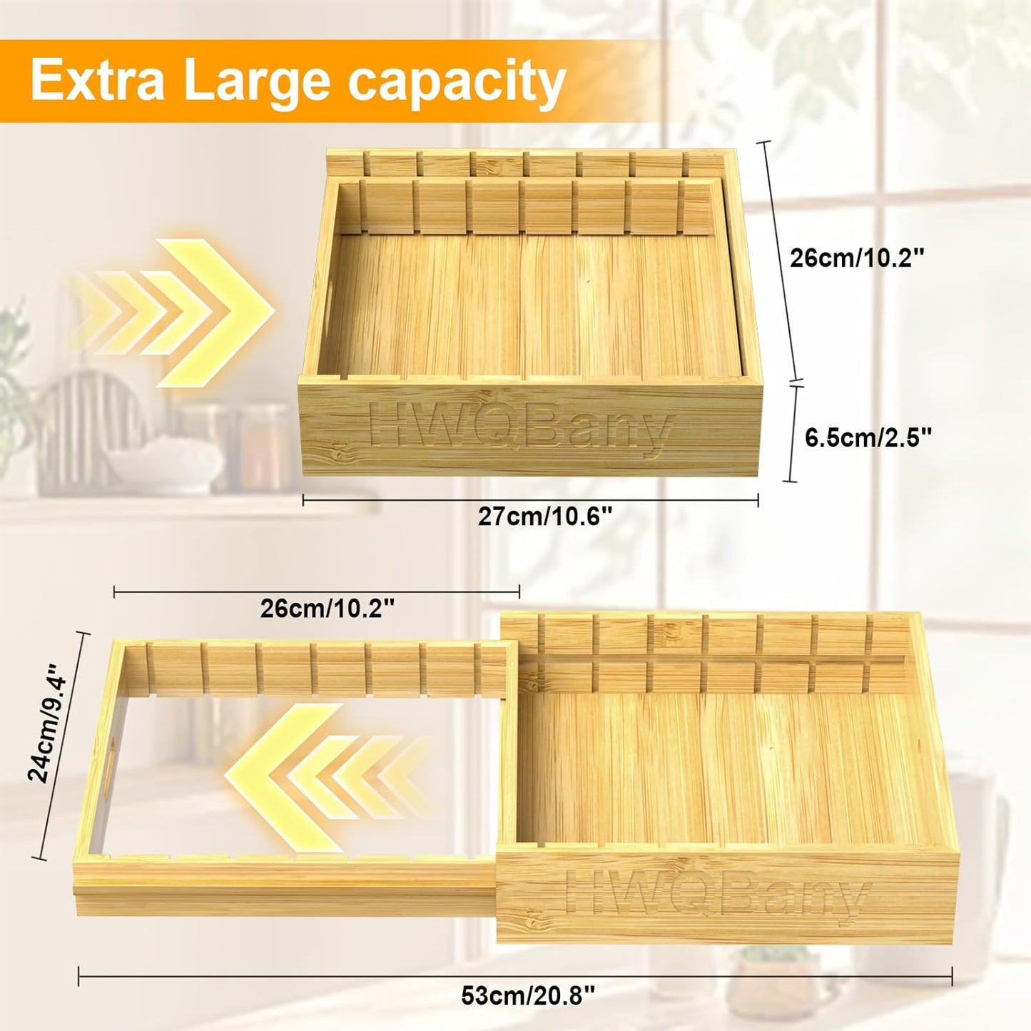 Pots and Pans Organizer, Bamboo Expandable Cutting Board Organizers, Adjustable Pot Lids Organizer for Cabinet with 5 Adjustable Dividers for Pots, Pans, Baking Sheets, Cutting Boards, Nature