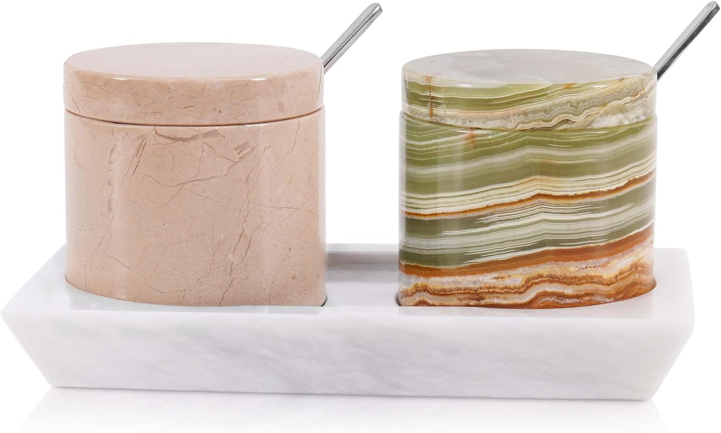 Radicaln Marble Salt Cellar With Lid and Tray 3" Inches Handmaed Verona and Green Salt Container For Kitchen Countertop, Ideal Spice Jar, Salt Bowl