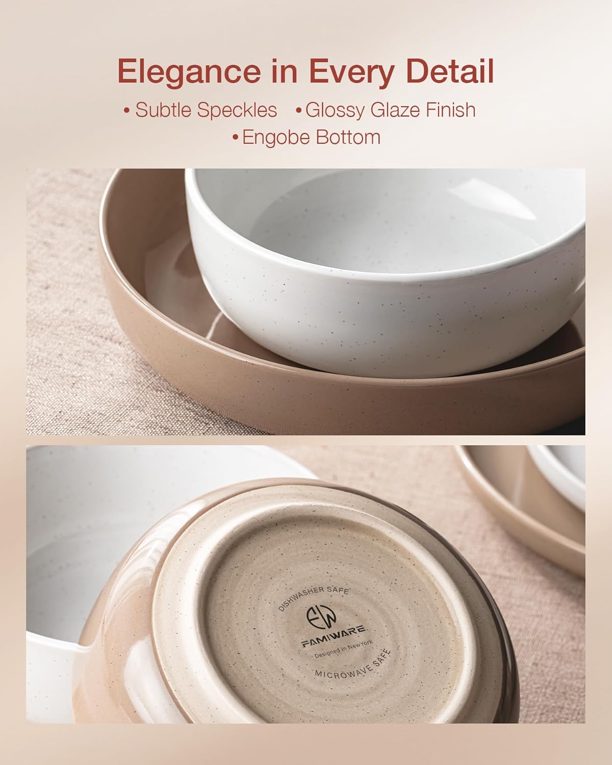 Famiware Milkyway Plates and Bowls Sets, 12 Pieces Stoneware Dinnerware Sets, Dishes Set for 4, White & Cinnamon Brown