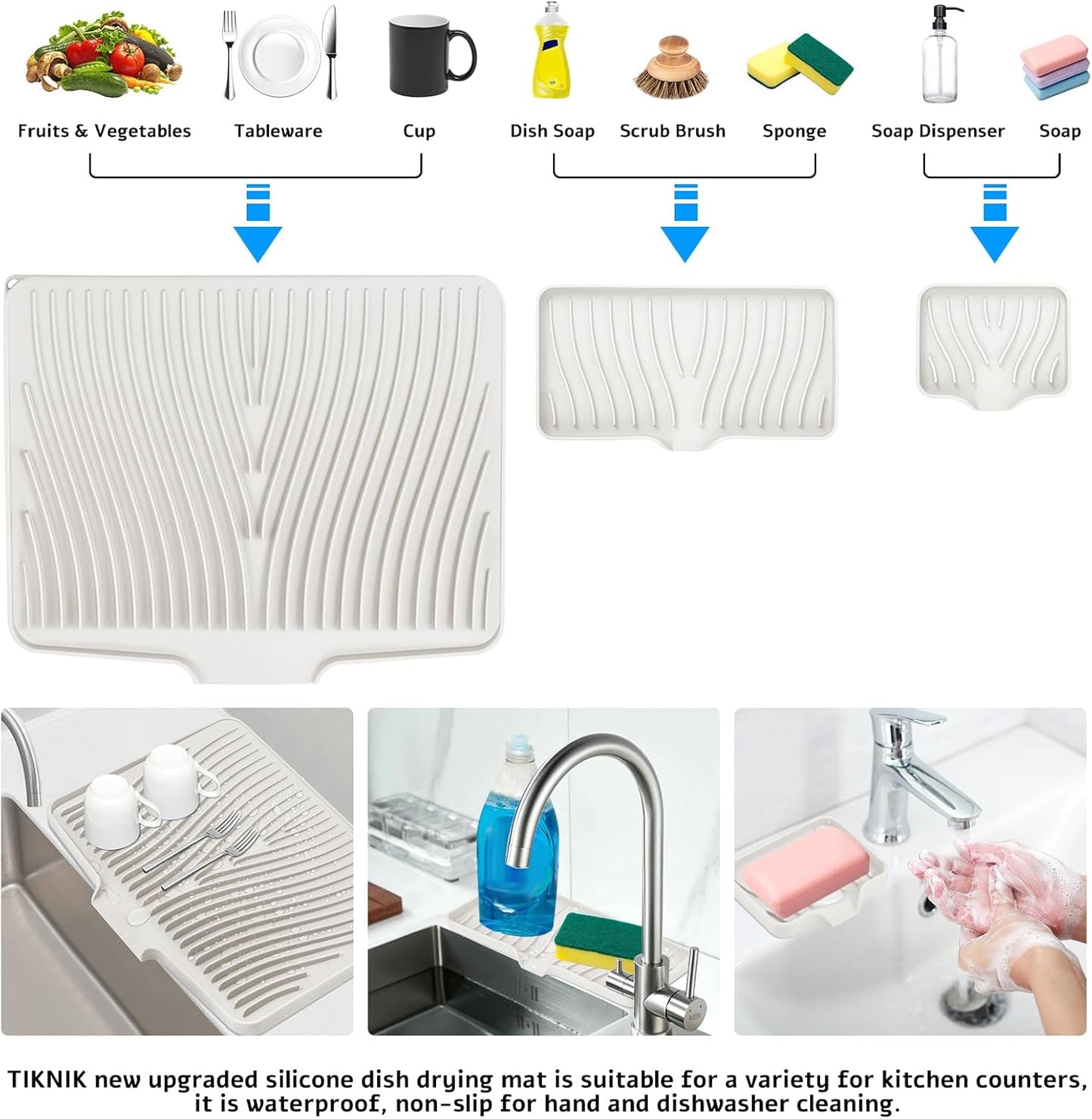 Silicone Dish Drying Mat for Kitchen Counter, Dish Drying Pad, Non-Slip Drain Pad with Built-in Drain, Heat Resistant Stone Drying Mat, 1 set XL(Cream)