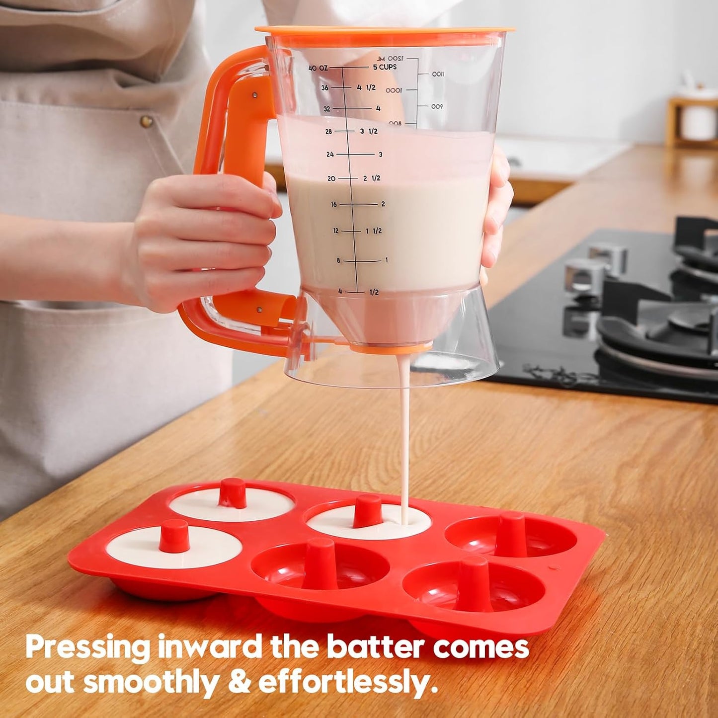 Pancake Batter Dispenser 5 Cup with Sturdy Handle,Batter Separator for Pancakes, Cupcake, Waffle, Muffin Mix, Cake & Crepe Batter pitcher with Squeeze Handle Baking Tools-Orange