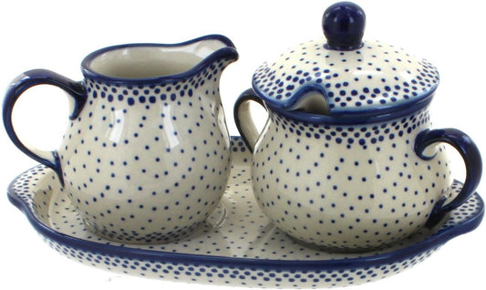 Blue Rose Polish Pottery Small Dots Sugar & Creamer with Tray