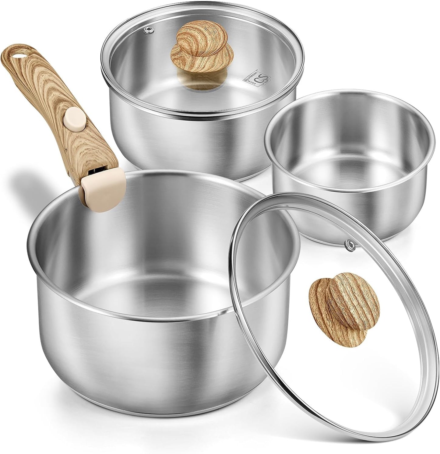 KOCH SYSTEME CS Stainless Steel Saucepan Set 1.5QT & 2QT & 3QT, Stainless Steel Pot with Removable Handle, 6pcs Sauce Pan Set with Tri-Ply Steel Base, Induction Compatible Pots, Dishwasher & Oven Safe