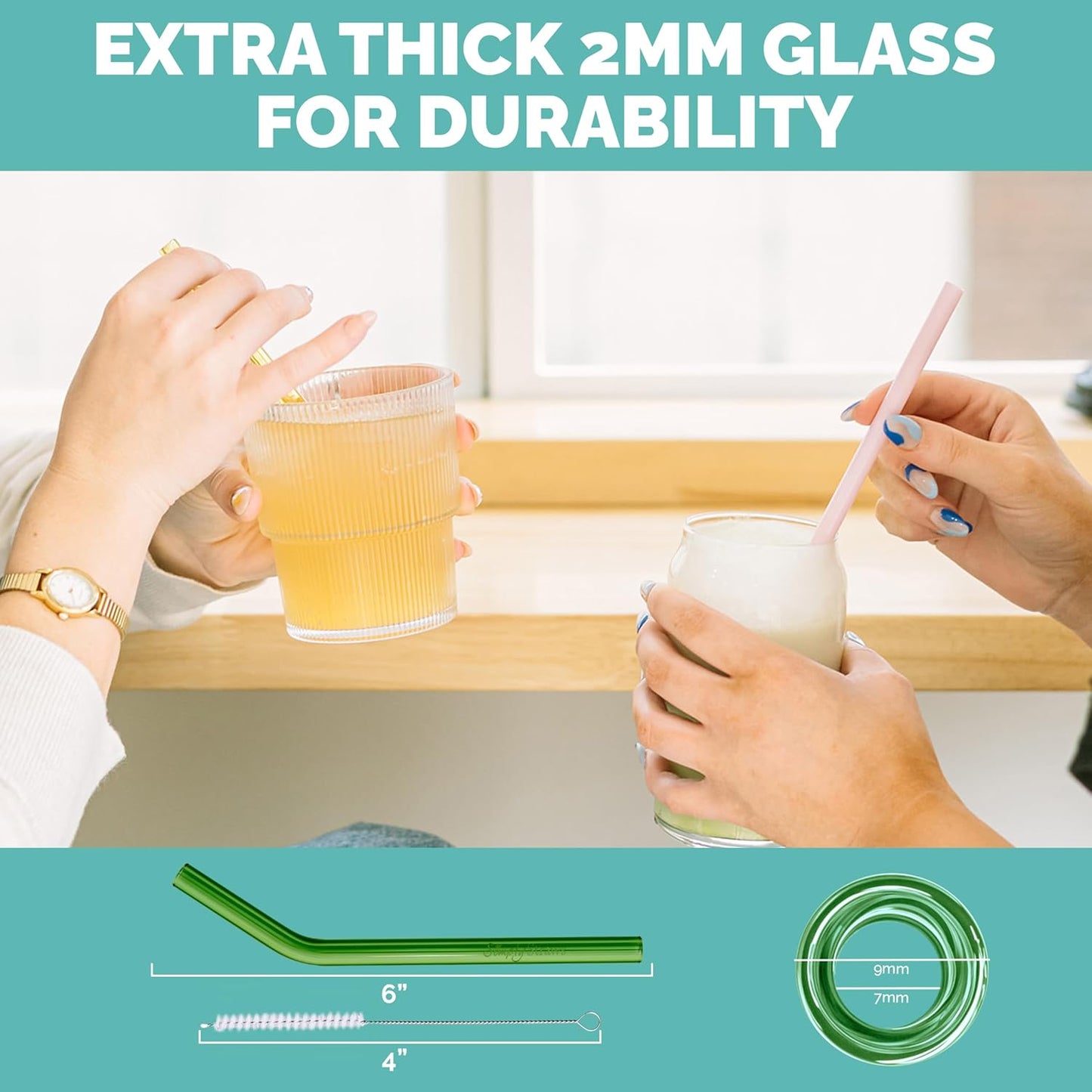 Simply Straws 6 Inch Glass Straws Bent (6-Pack) – Reusable Glass Straws for Low Balls & Stemless Glasses, with Cleaning Brush – Dishwasher Safe, Hot & Cold Use, BPA-Free (Meadow)