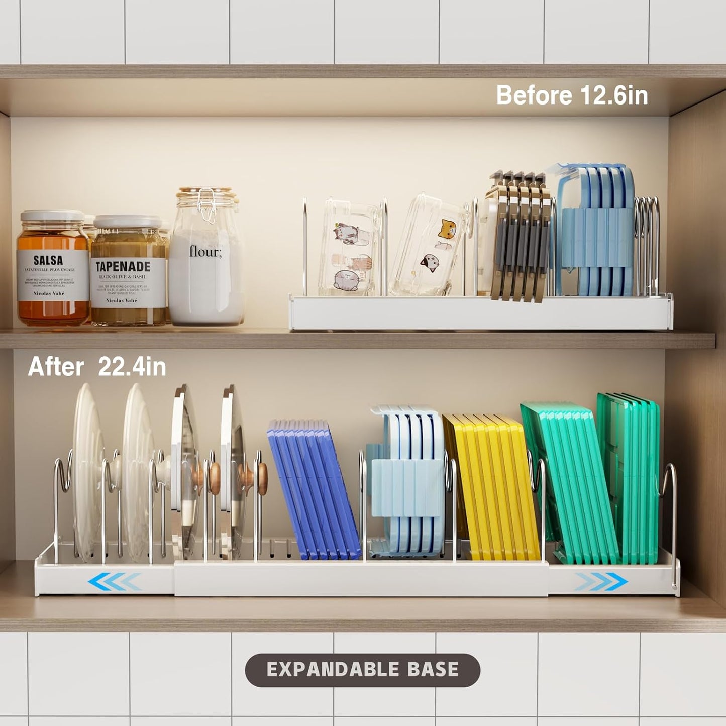 2 Pack Expandable Food Storage Container Lid Organizers, 22" Pots and Pans Organizer Under Cabinet with 9 Adjustable Dividers Pot and Pan Lid Holders Rack Inside Cabinet(White)