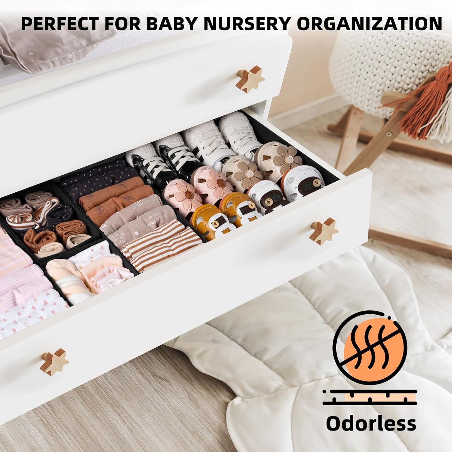 Criusia Drawer Organizer - 6 Pack Clothes Bins for Bedroom & Nursery - Dividers for Socks, Underwear & Baby Clothes - Black