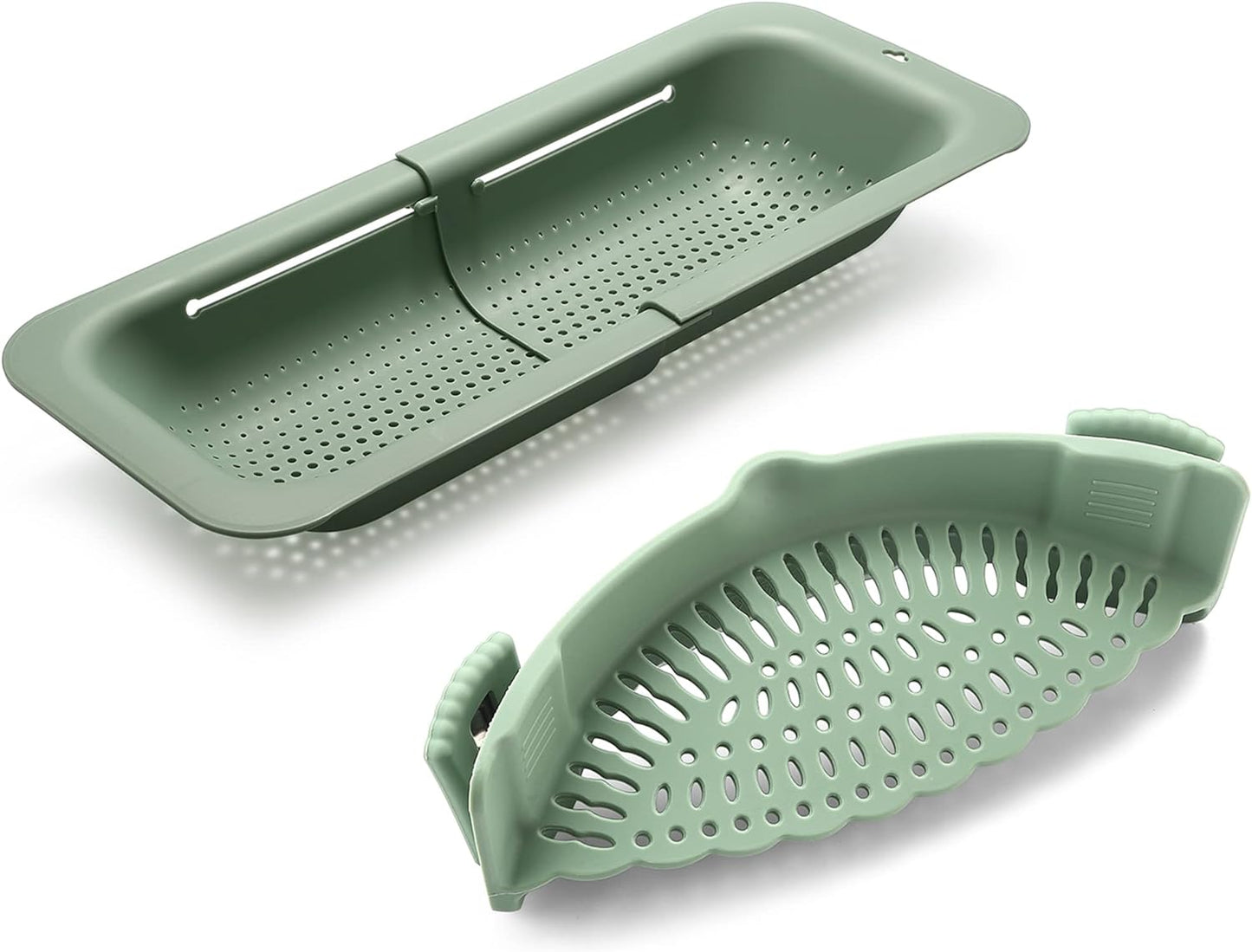 Adjustable Over the Sink Colander Strainer, Silicone Clip On Strainer for Pots Strainers and Plastic Colanders Drainer Basket for Food Pasta Vegetables Kitchen, Extendable 14.5"-19.5", Green