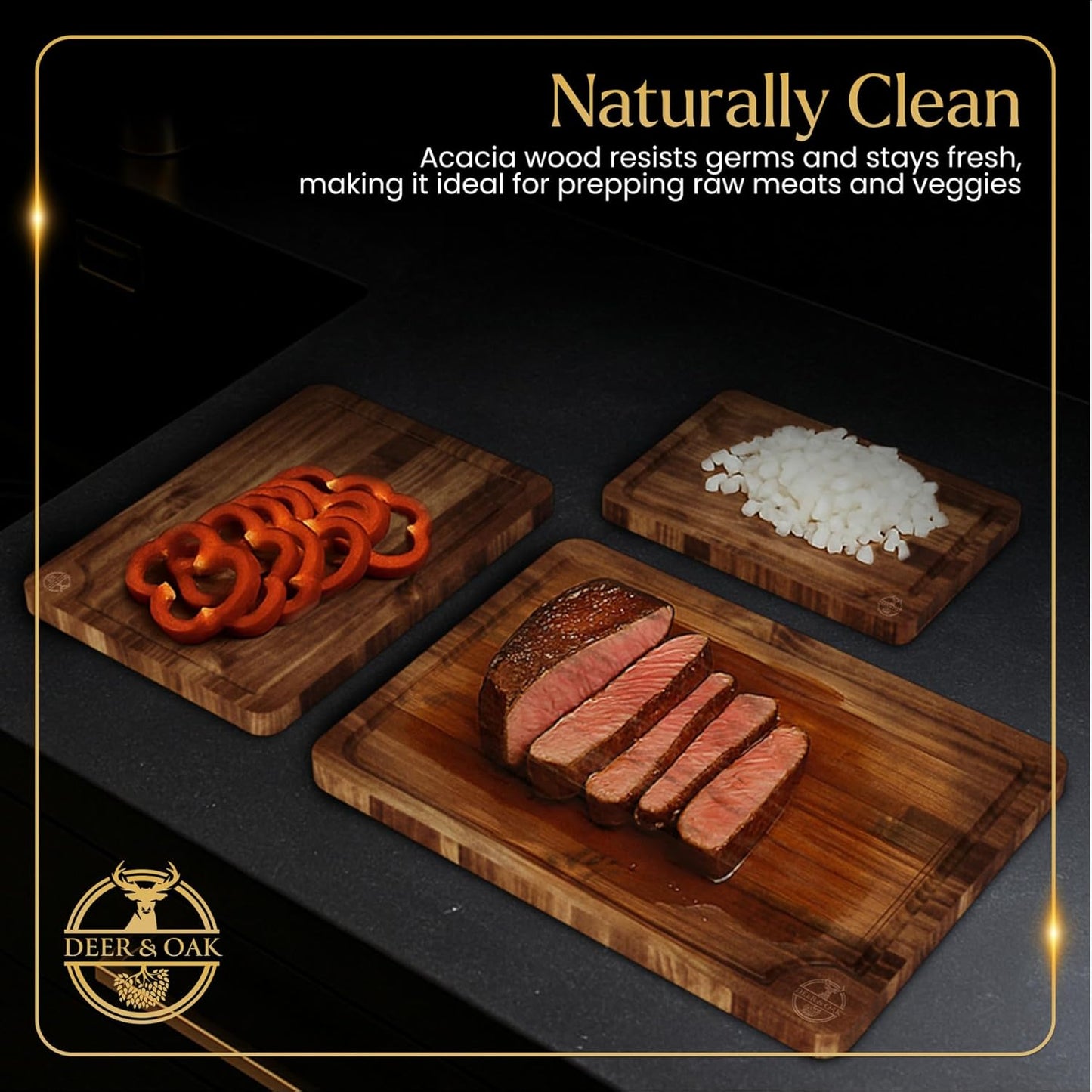 Pre-Oiled, Non Toxic 3-Piece Acacia Cutting Board Set with Stand, FSC Certified Wooden Chopping Boards with Juice Grooves for Meat. 3 Size Wood Carving Boards for Home & BBQ Kitchens by Deer & Oak
