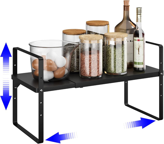 Expandable Cabinet Shelf Organizer, Stackable Kitchen Pantry Counter Storage, Adjustable Closet Cupboard Stand Rack Risers Spice Organization 80LBS Heavy Duty Black Small 1 Pack