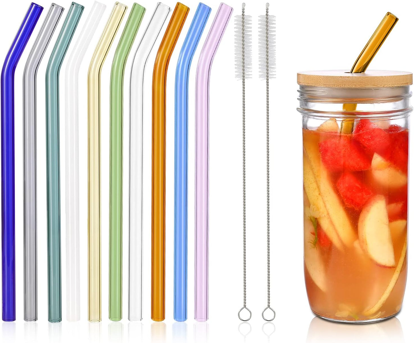 10 Pcs Reusable Bent Glass Drinking Straws,9''x10 mm Colorful Glass Straws for Beverages, Shakes, Milk Tea, Juices,Set of 10 Bent with 2 Cleaning Brushes -Shatter Resistant
