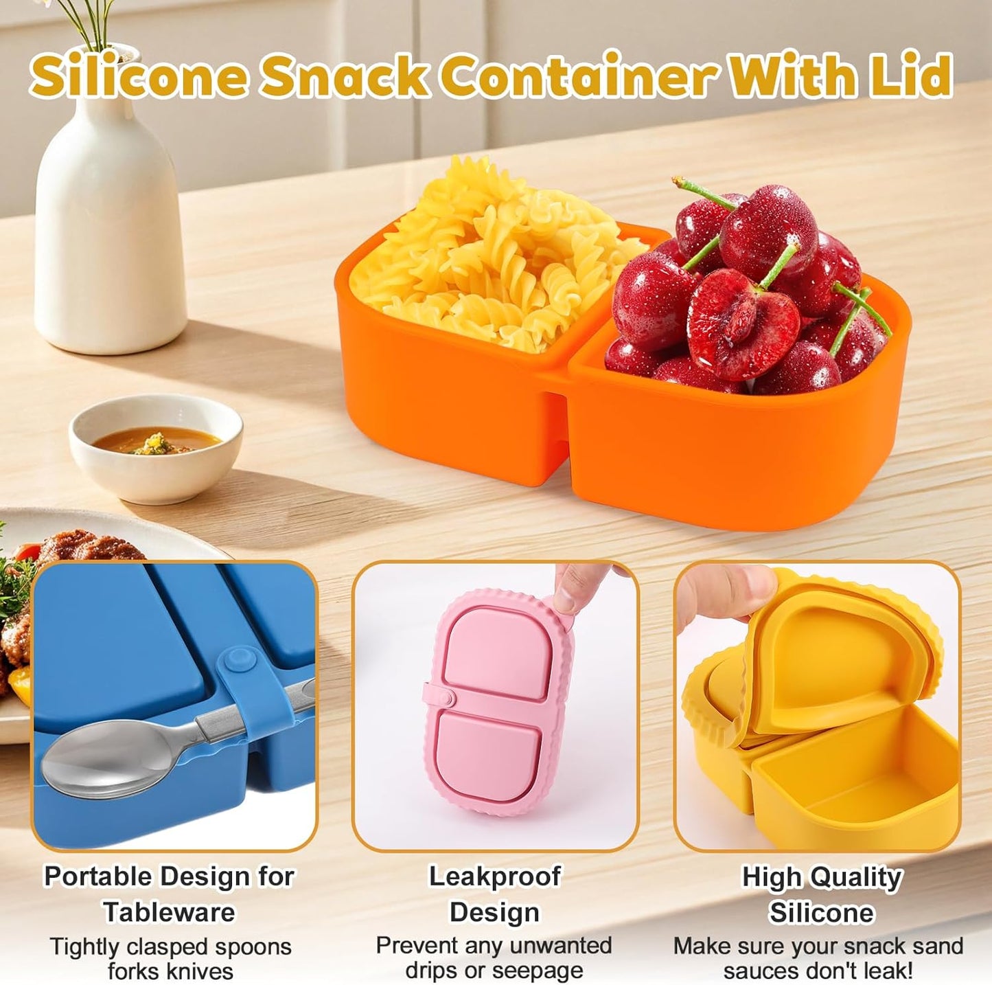 2/3/4Pack 8 oz Reusable Silicone Snack Containers with Lids, Mini Containers 2 Compartments Snackle Box for Kids & Adults, Portable Silicone Food Storage Box for Picnic, School, Office (8oz-2C-4Pcs)