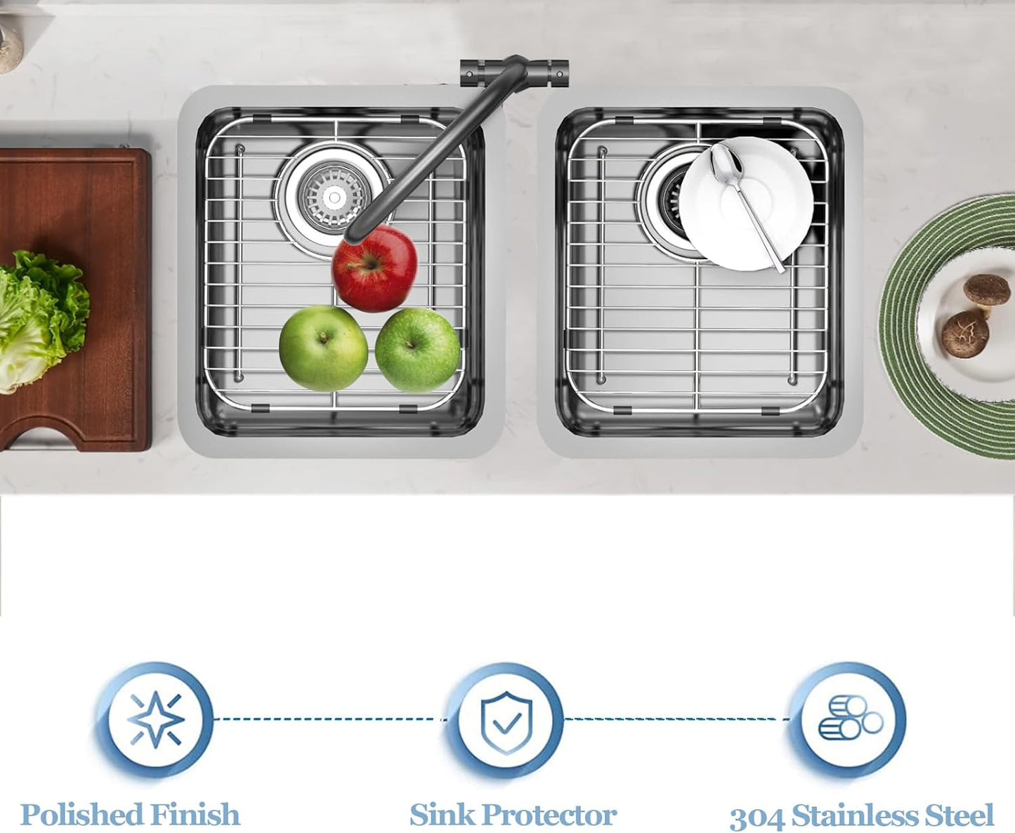 Bottom of Sink Protector Rack, Stainless Steel 13.2"x11.6" Sink Grid Dish Drying Rack Grate with Rear Drain Hole 2 Packs