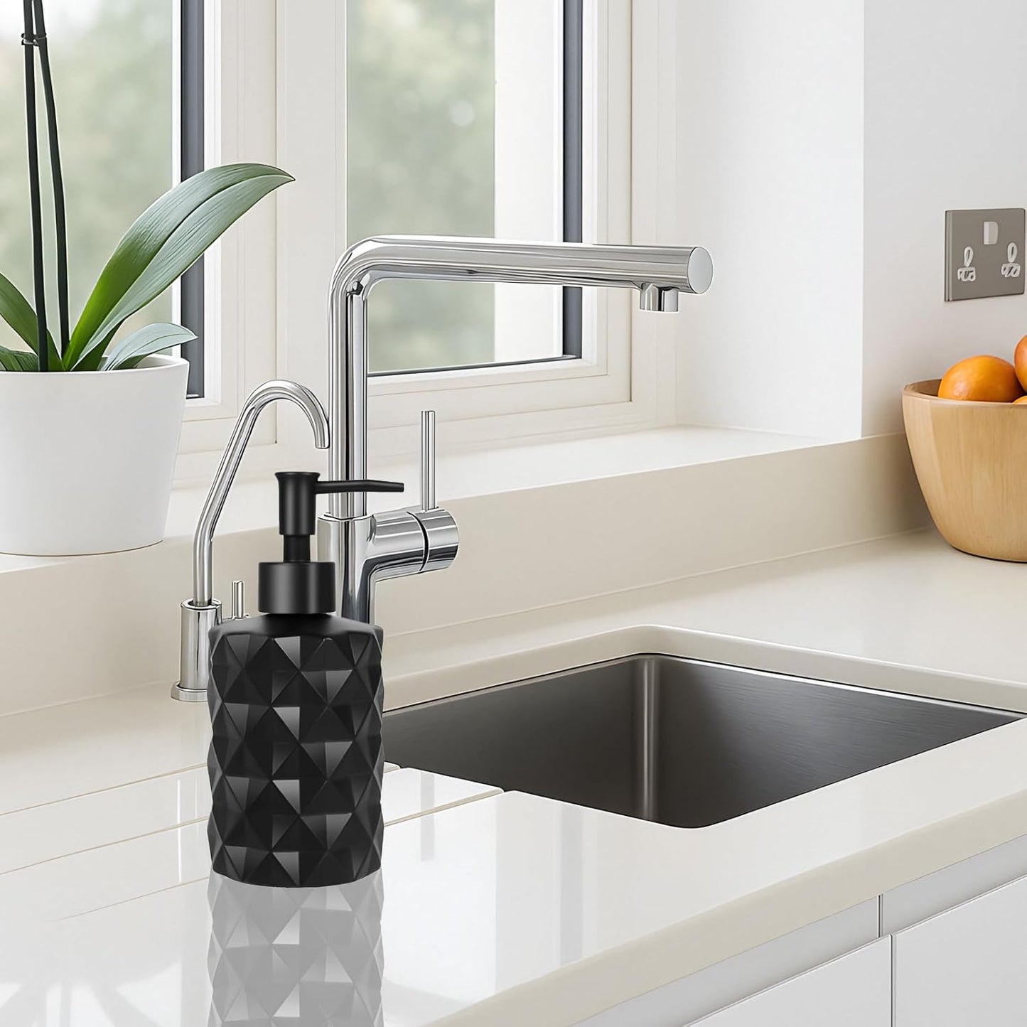 12Oz Small Glass Soap Dispenser with Black Plastic Pump, Black Refillable Kitchen Countertop Liquid Hand Soap Dispensers with Diamond Design, Crystal Bathroom Lotion Bottle for Dispense Dish Soap