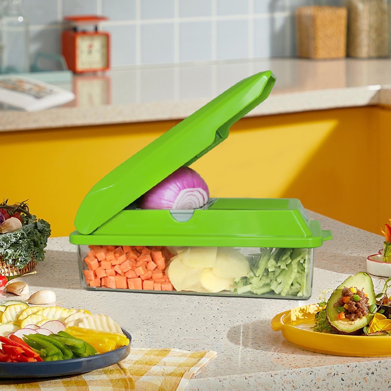 LHS Multifunctional Vegetables Chopper with Container, Manual Processor Cutter, Pro Onion Cutter, Vegetable Slicer Dicer Cutter with 3 Blades, Veggie Salp Chopper(6-in-1,Green)