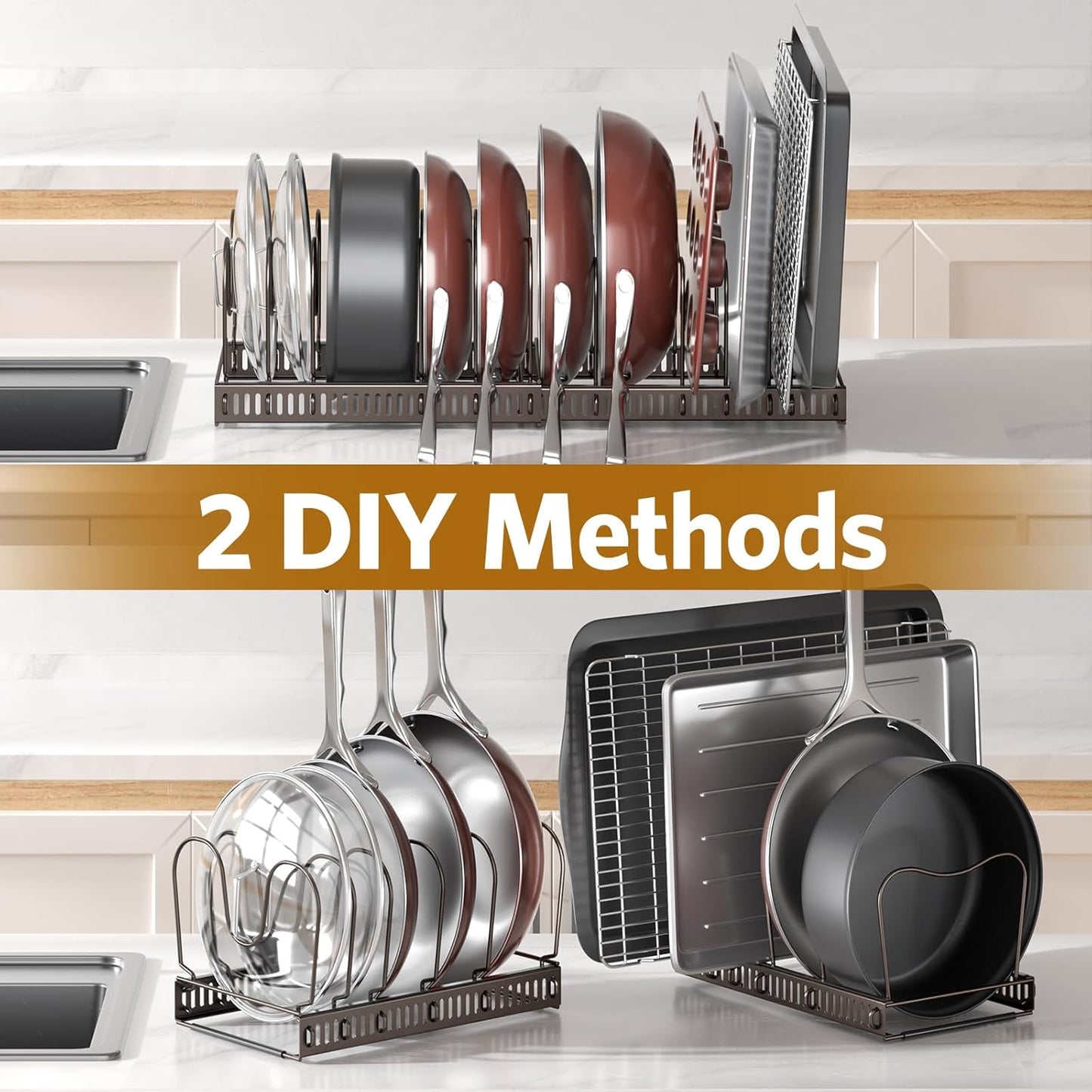 ORDORA Pots and Pans Organizer under Cabinet with Pan Holder: Expandable 11.8"-22.8" Kitchen Cabinet Organizer Rack, 12 Adjustable Dividers Storage for Cookie Sheets, Cutting Boards & Lid, Silver