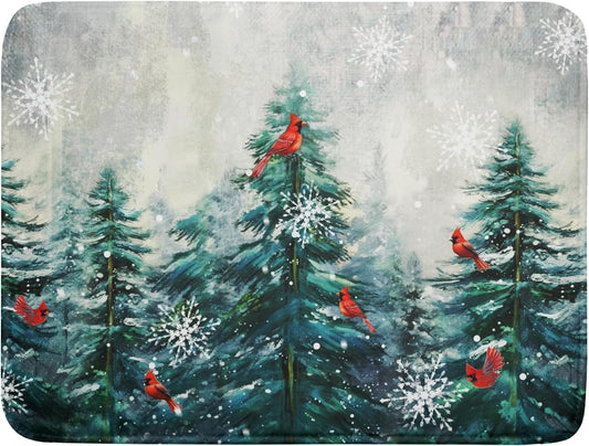 Pine Tree Dish Drying Mat for Kitchen Countertop Red Bird Dishes Mats Winter Decorative Absorbent Reversible Drainer Rack Pad 18x24 Inch