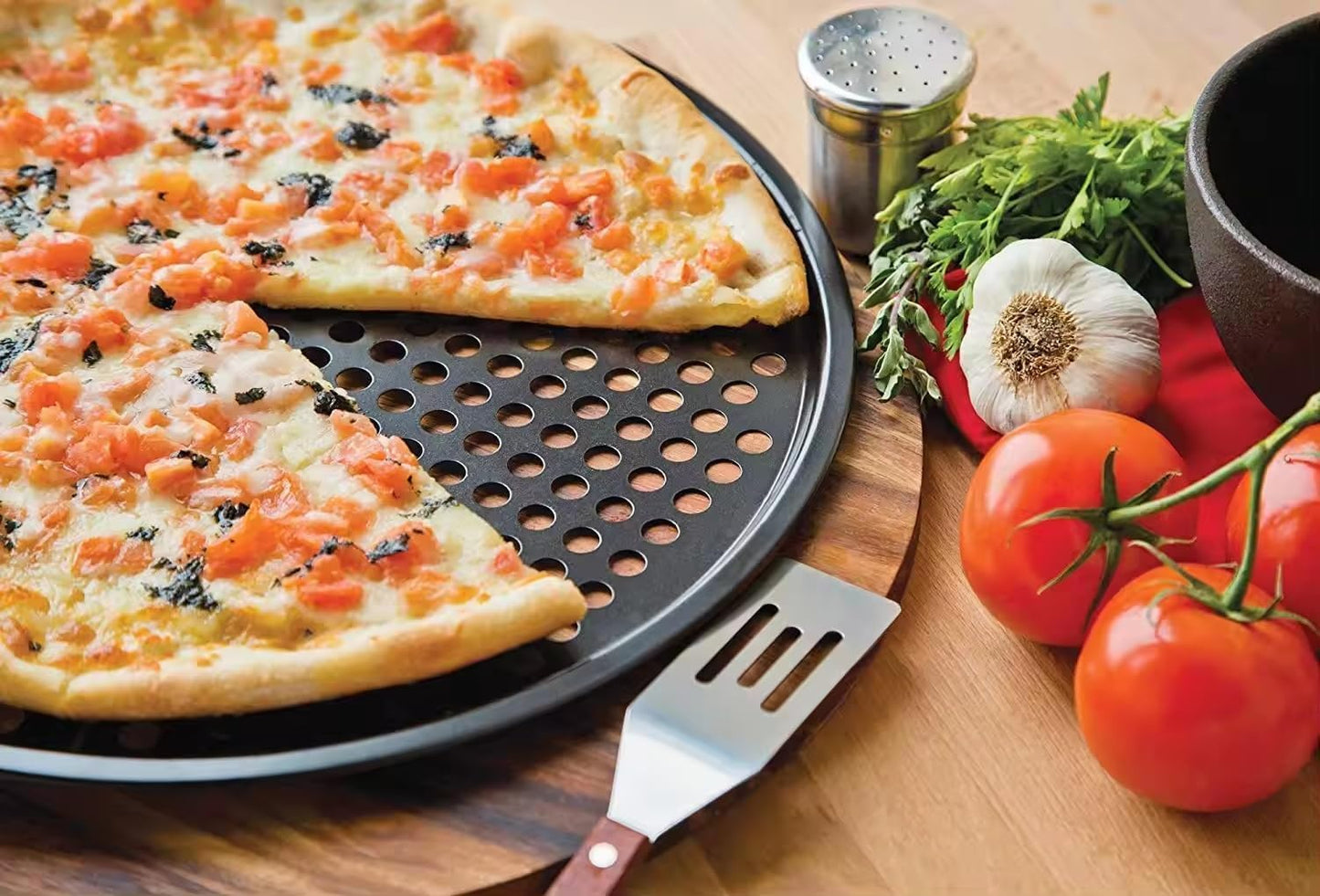13 Inch Pizza Pan for Oven, Round Pizza Pan with Holes - Non-Stick Carbon Steel Pizza Tray with Silicone Handles - for Cooking, Baking, and Grilling - Dishwasher Safe