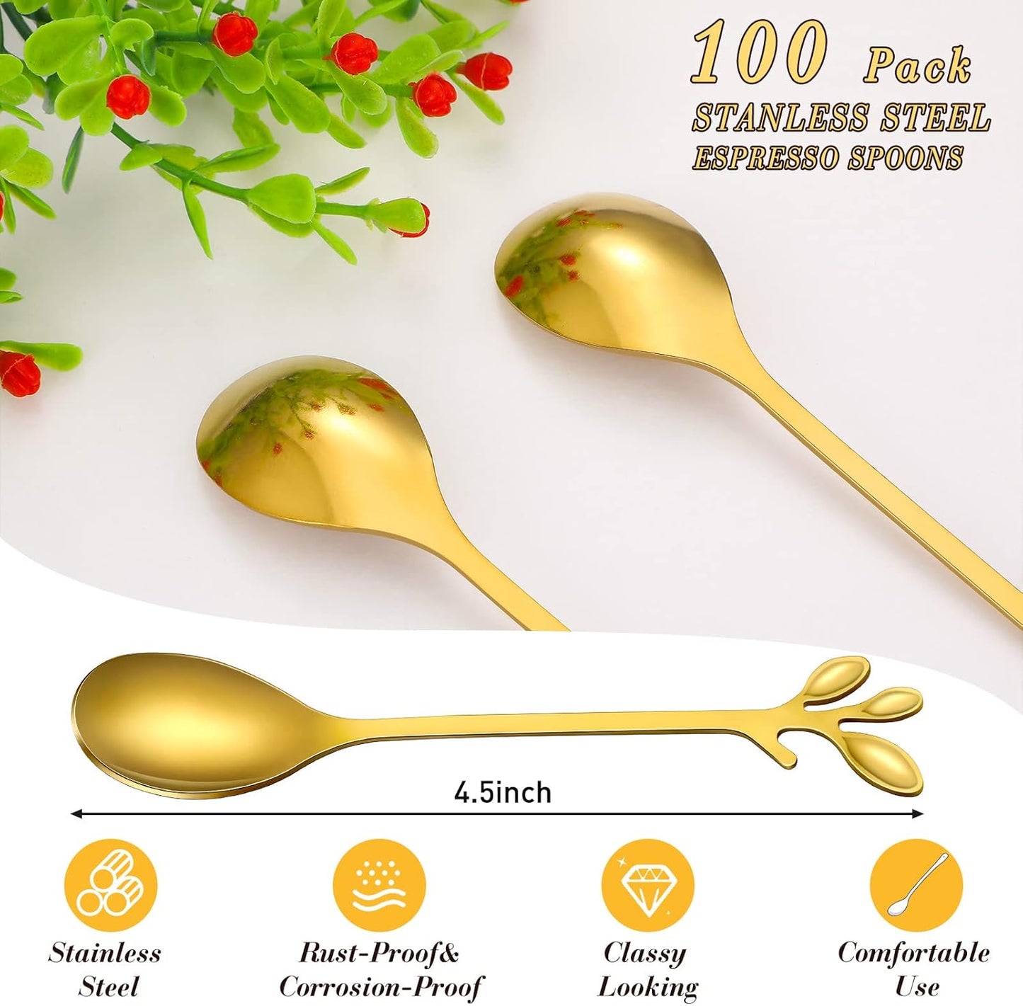 100 Pcs Demitasse Espresso Spoons Stainless Steel Bulk, 4.33'' Small Mini Coffee Tasting Dessert Spoons for Kitchen Dessert, Tea, Appetizer, 1.18'' Wide(Leave,Gold)