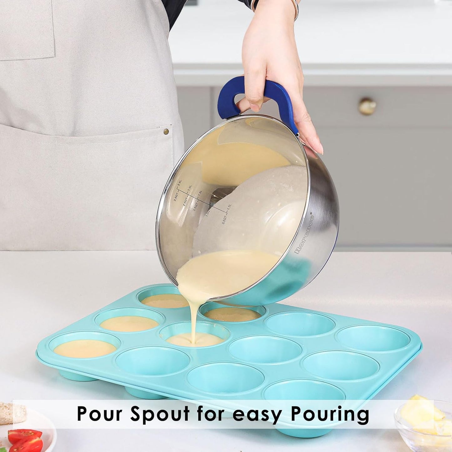 Rorence Stainless Steel Mixing Bowls: Stackable Mixing Bowl Set with Lids and Handles Non-slip Silicone Bottom Nesting Bowls for Kitchen Set of 3 - Blue