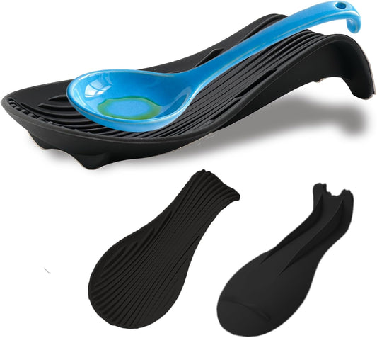 Silicone "Deck Chair" Large Heat-resistant Spoon Rest for Stove Top/Countertop, Reusable Kitchen Cooking Utensil Holder for Spatulas, Ladles, etc., Dishwasher Safe, 9.1 * 4.2 * 1.6in (Black)