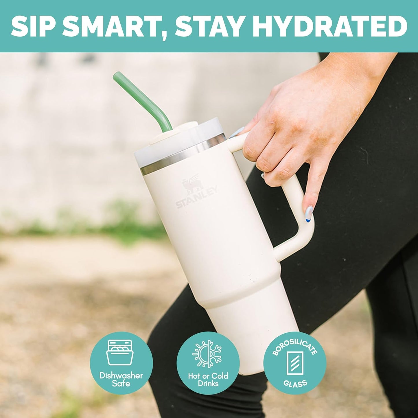 Simply Straws 12 Inch Glass Straws Bent (6-Pack) – Reusable Glass Straws for Stanley 40 Oz Tumbler, with Cleaning Brush – Durable, Dishwasher Safe, Hot & Cold Use, BPA-Free (Meadow)