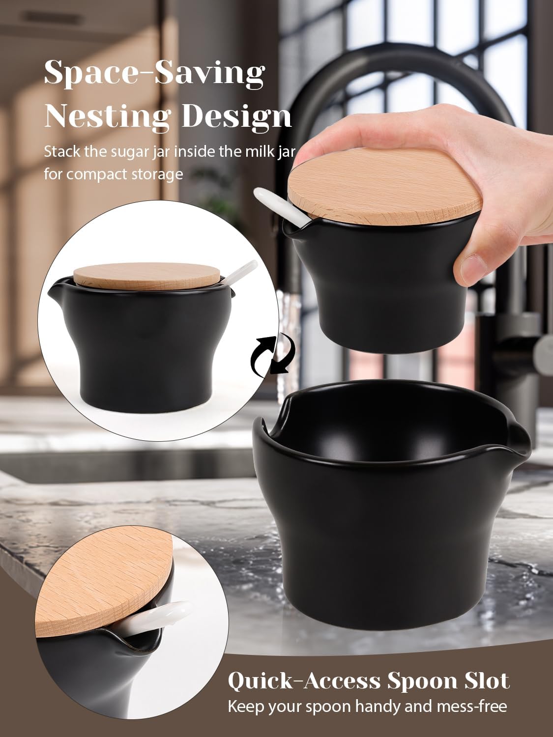 INGOFIN Ceramic Sugar and Creamer Set with Lid and Spoon, 3-Piece Porcelain Creamer Pitcher Milk Jug and Sugar Bowl for Coffee Bar, Tea Time, Kitchen Serving,3.5oz & 6oz, Dishwasher Safe, Modern Black