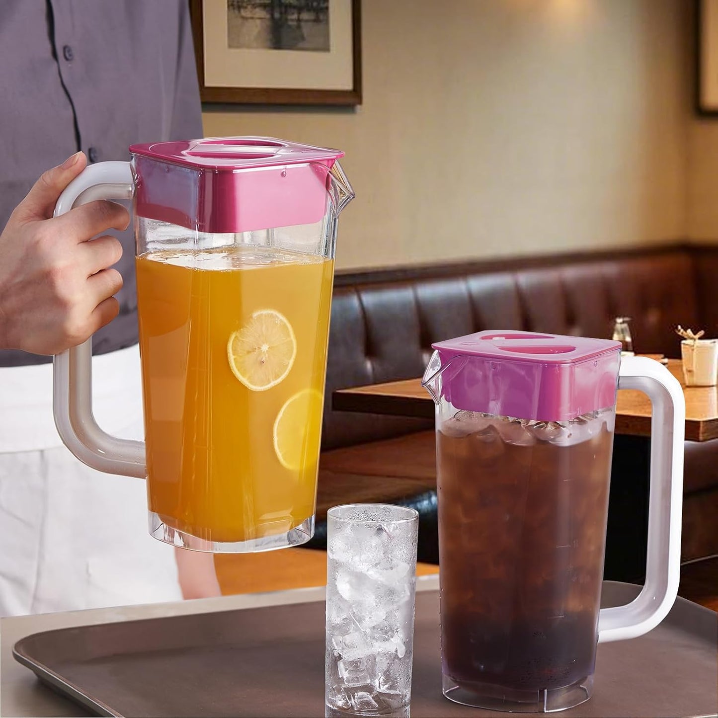 CURTA 2 Pack 2 Liters/68 oz Plastic Square Pitcher with Lid & Handle for Kitchen,ICED JUICE and Coffee Carafe Beverage Serveware, Acrylic Water Jug for Hot/Cold Drinks&lemonade