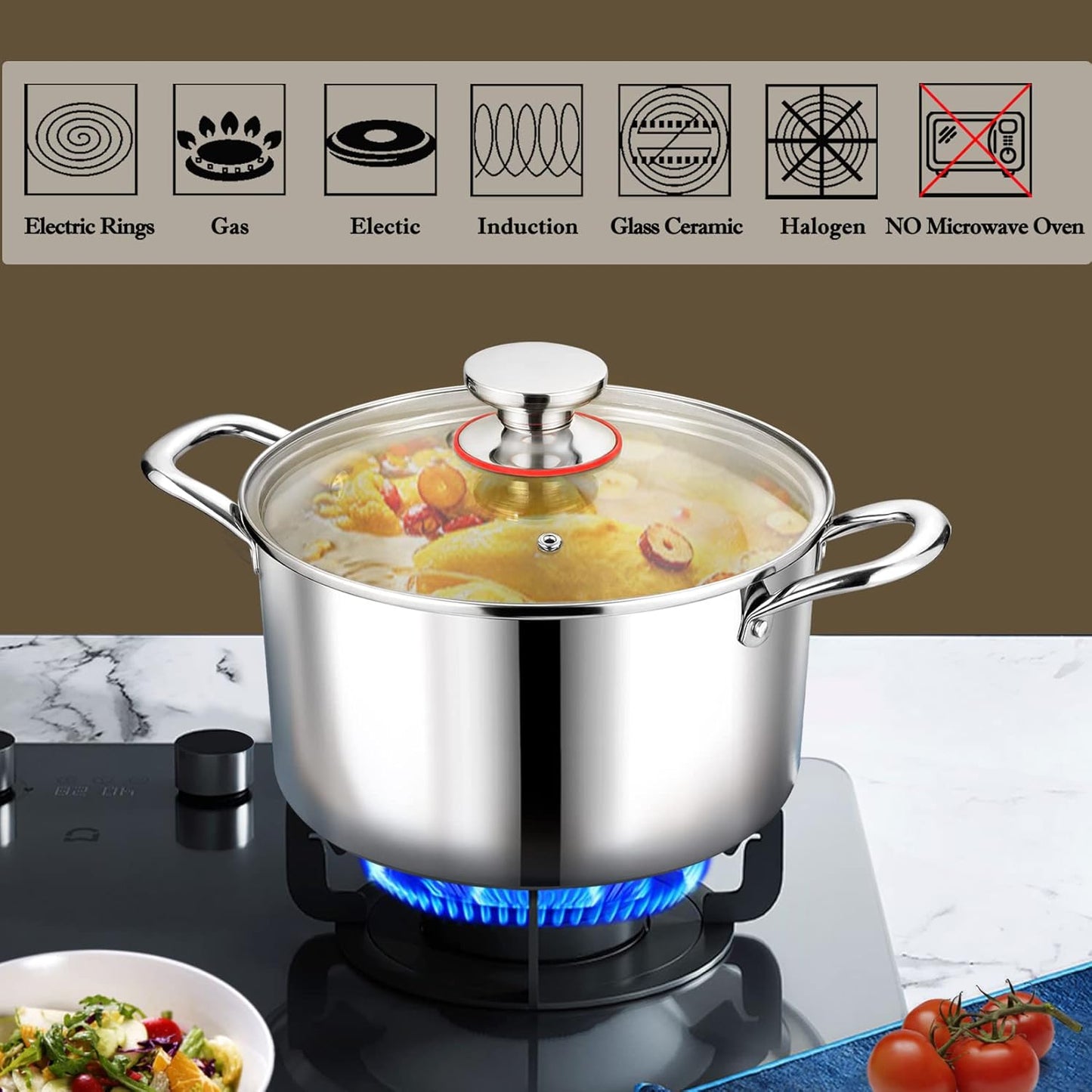 P&P CHEF 4 Quart Tri-Ply Stainless Steel Stock Pot, 4 Qt Stockpot Pasta Cooking Pot with Visible Lid for Soup Vegetable, Induction Cookware for All Stoves, Sturdy & Double Handle, Dishwasher Safe