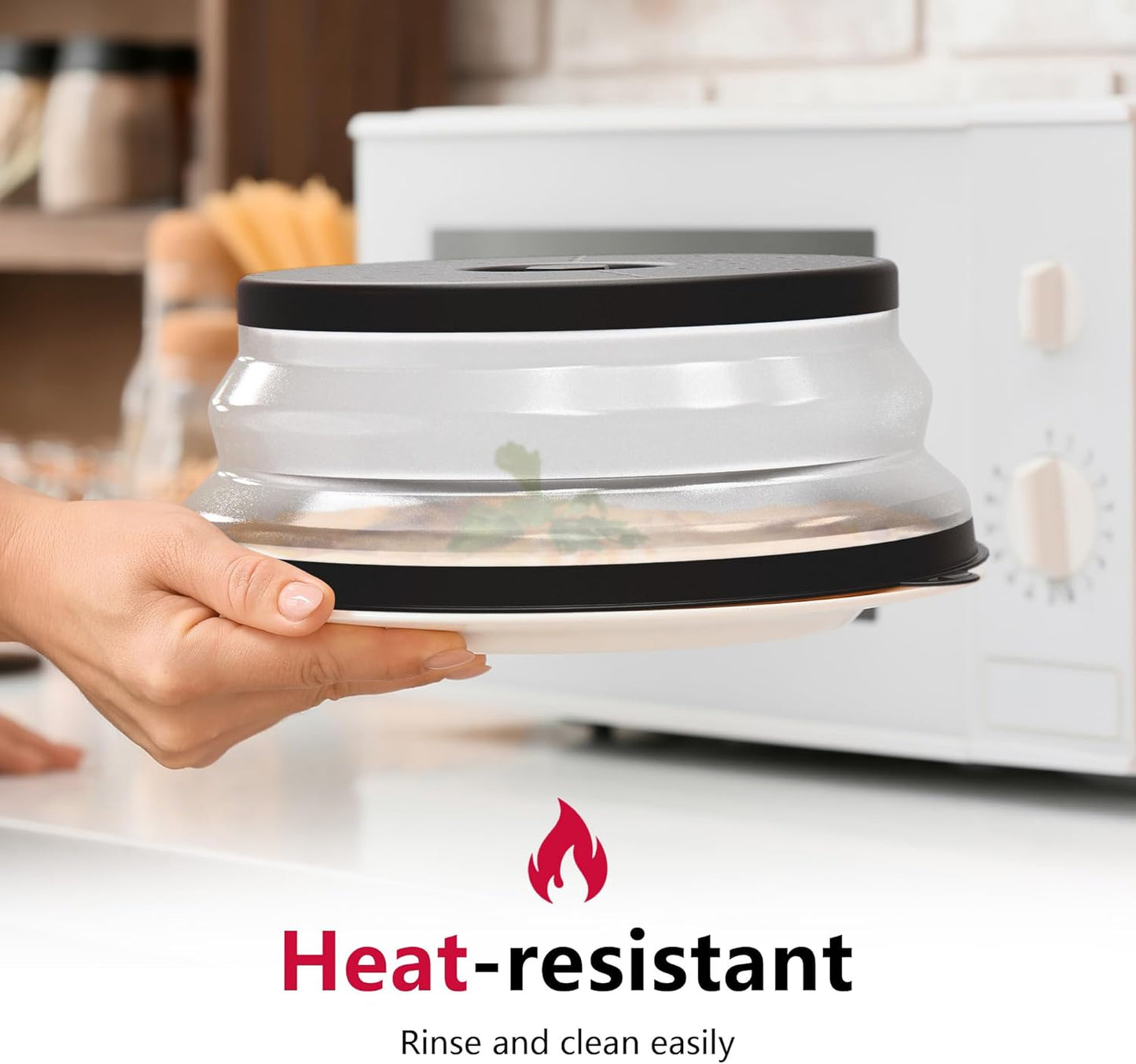 WVM Microwave Splatter Cover & Mat, Vented Collapsible Splatter Guard dish Plate lid & Silicone Round Kitchen Mat for Food, Meal Prep, Black