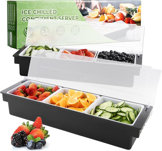 WICHEMI Fruit, Veggie & Condiment Caddy with Lid Dispenser Tray Garnish Station for Bartending & Serving Taco, Ice Cream, Salad Bar - Topping Organizer for Restaurant Supplies (3 Compartment, 2 Pack)