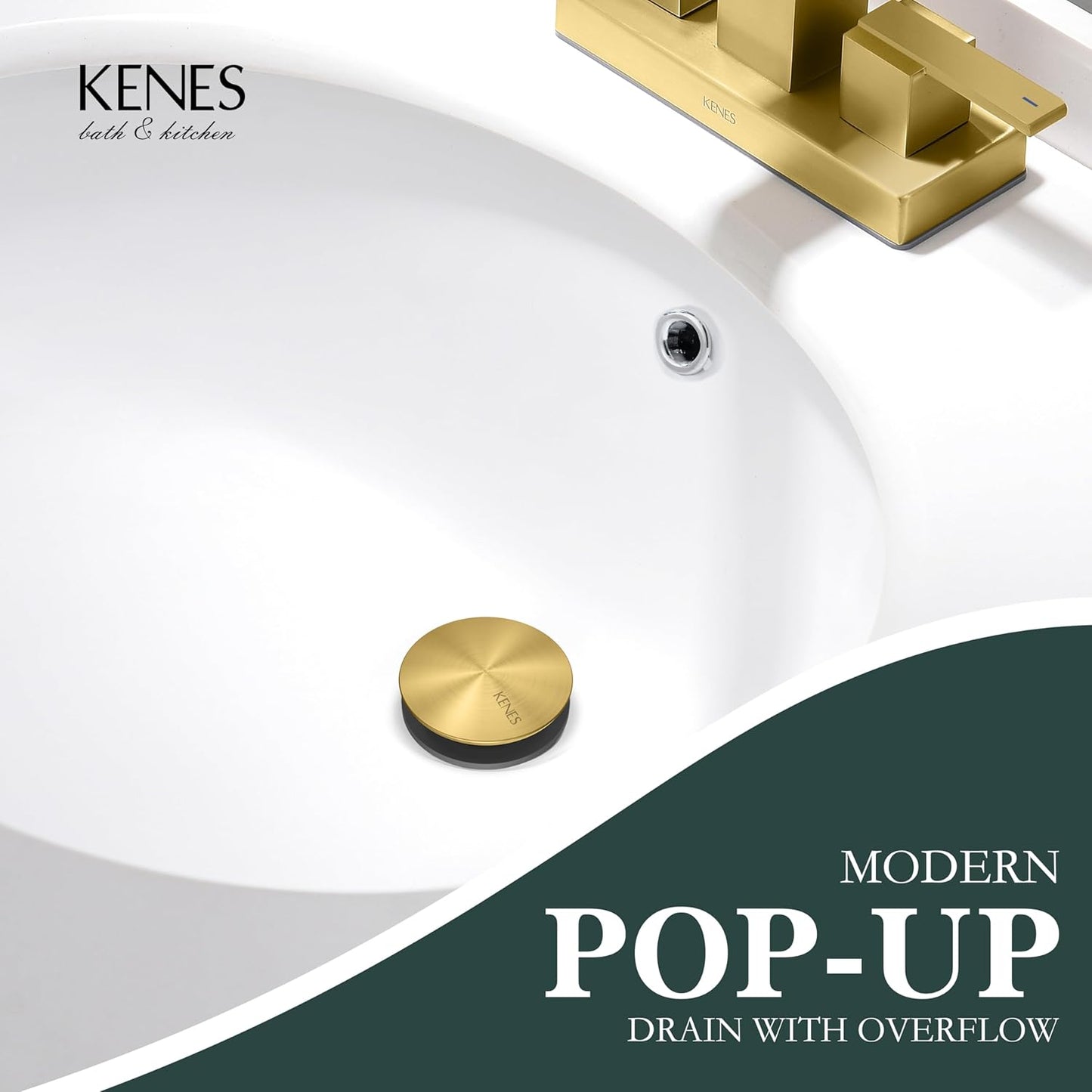 KENES Brushed Gold Pop Up Bathroom Sink Drain with Overflow, Bathroom Sink Drain Assembly with Strainer Pop Up Drain, Lavatory Bathroom Vanity Sink Pop Up Drain Stopper