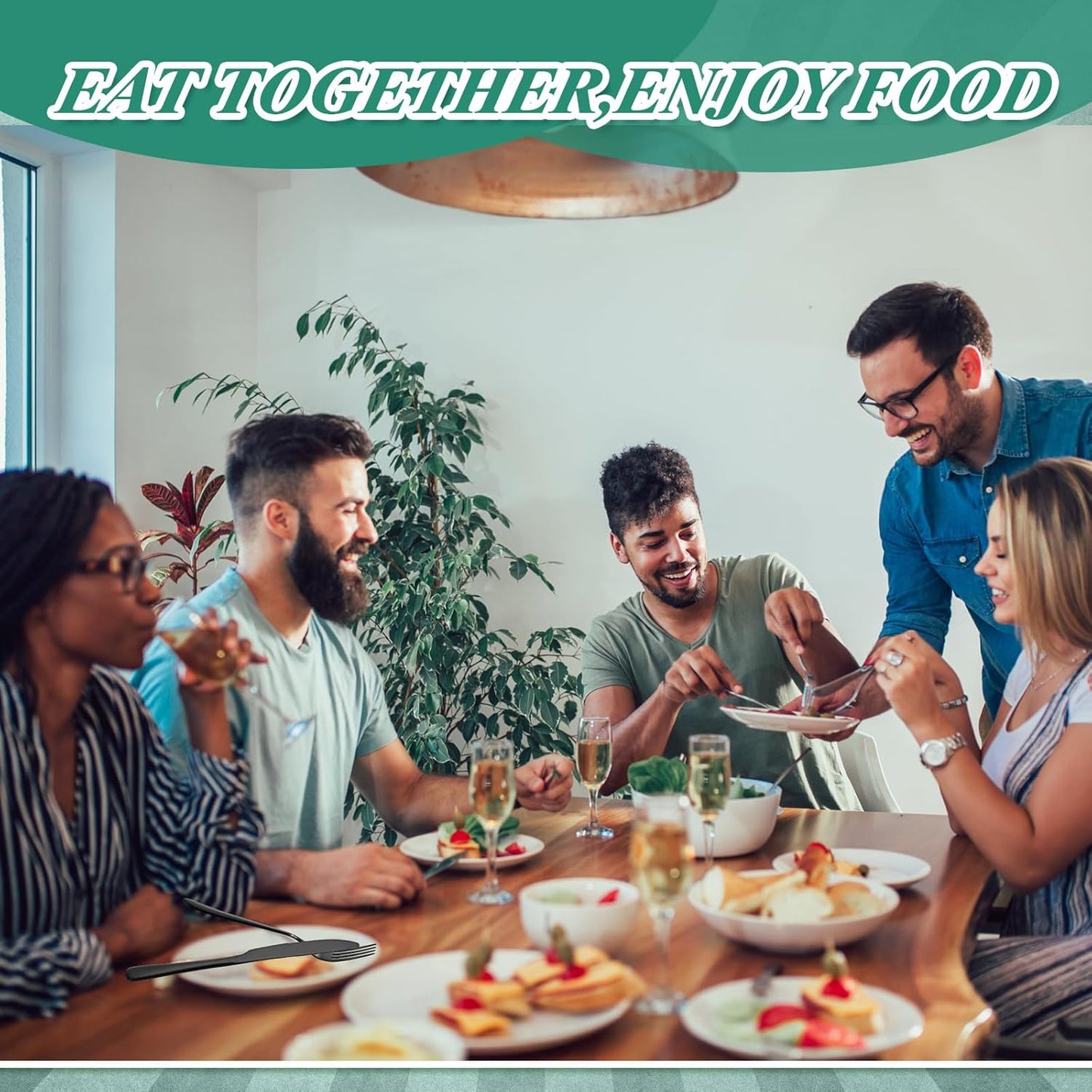 Nuenen 100 Pieces Stainless Steel forks and knives Dinner Flatware Set Tableware Cutlery for Butter Kitchen Restaurant, Dishwasher Safe(Black,8.4 Inches, 7.1 Inches)