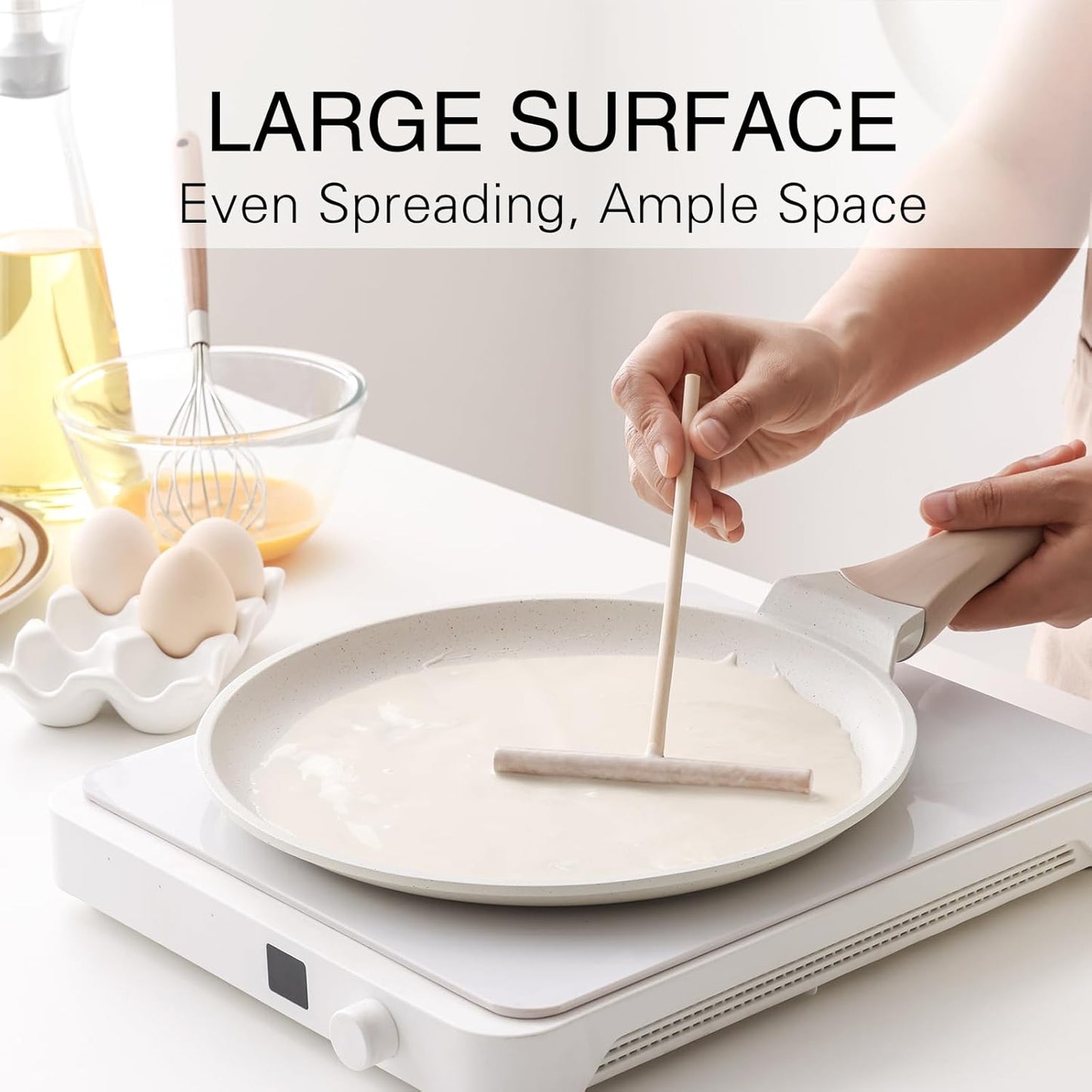 Crepe Pan Nonstick, 12 Inch Healthy Coating Comales para Tortillas Dosa Pan with Spreader, Induction Compatible, PFOA Free (White)