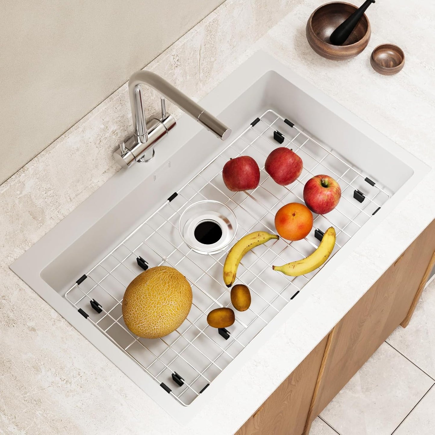 26-1/8’’ x 14-1/8’’ Stainless Steel Sink Grid, Sink Protectors for Kitchen Sink, Sink Protector with Rear Drain for Single Sink Bowl, Sink Bottom Grid, Sink Grate for Bottom with Sink Strainer